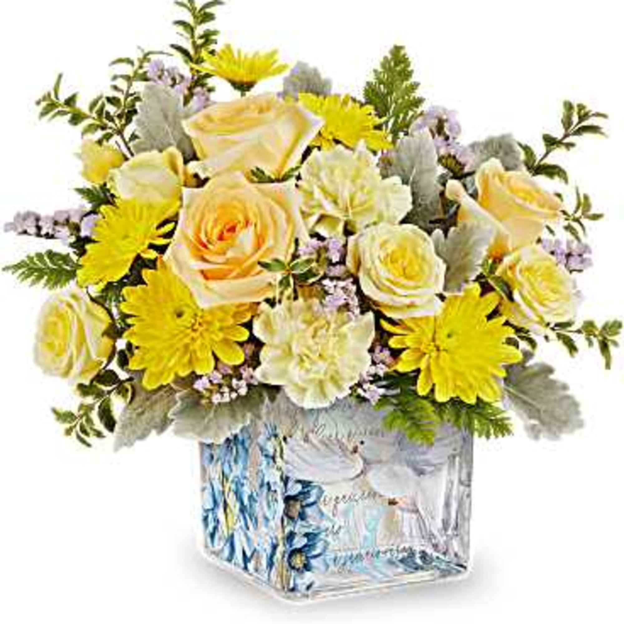 Glass cube with Dove decal filled with variety of yellow flowers and