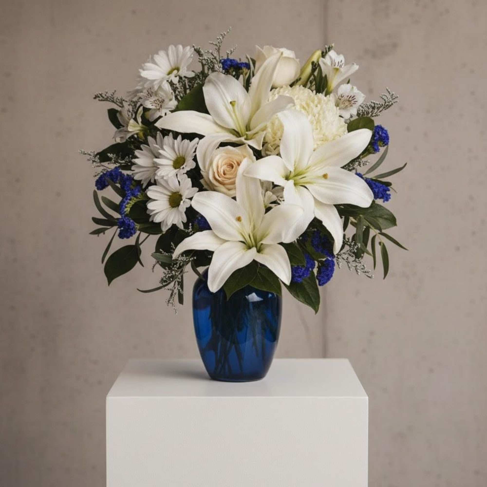 In this arrangement, the serenity of the color blue along with the