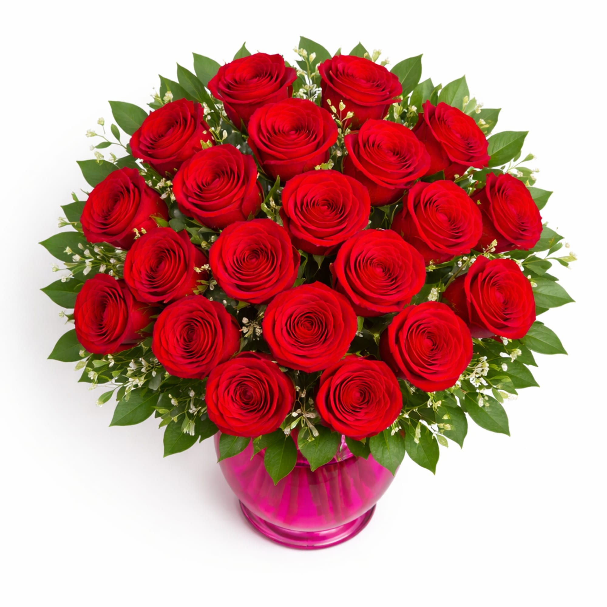 A stunning arrangement of fresh red roses designed in a vibrant fuchsia