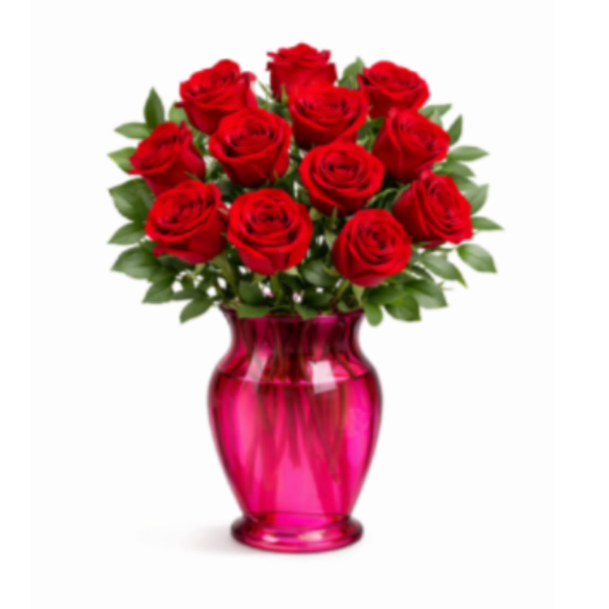 A stunning arrangement of fresh red roses designed in a vibrant fuchsia