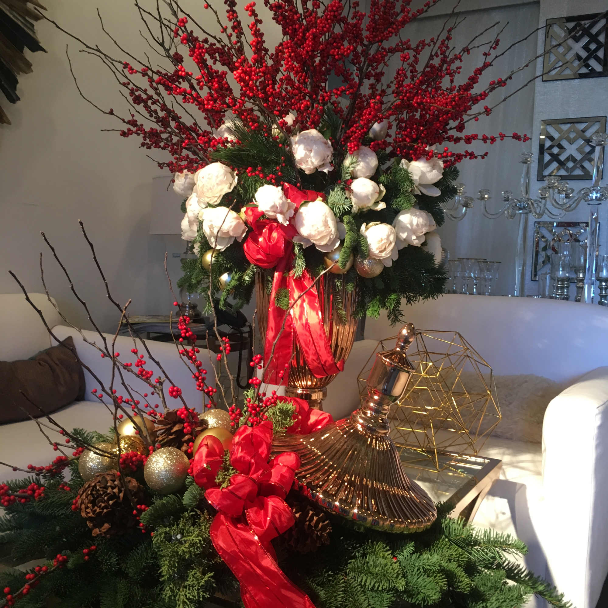 An explosion of red and white in an extravagant two-piece arrangement! This