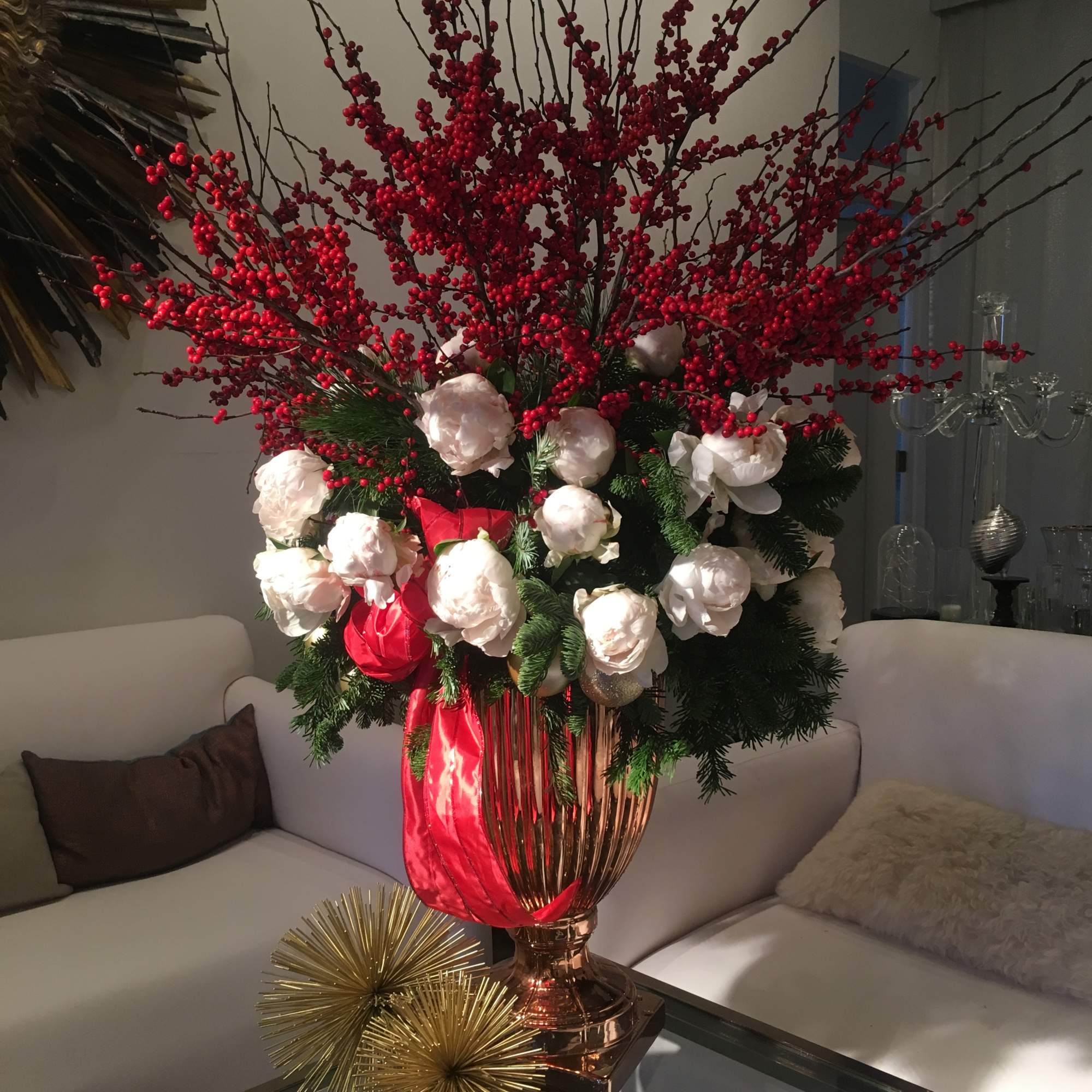 An explosion of red and white in an extravagant two-piece arrangement! This