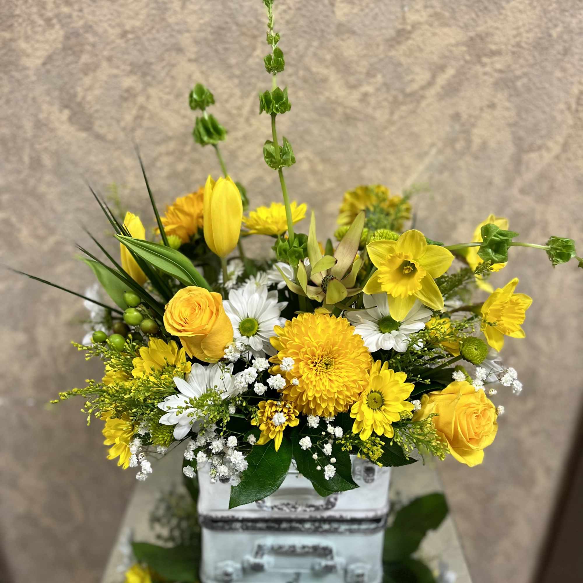 Recipe: Yellow Roses, White Daisies, Gerbera Daisies, Tulips, Button Mums, Chrysthemums, Bells