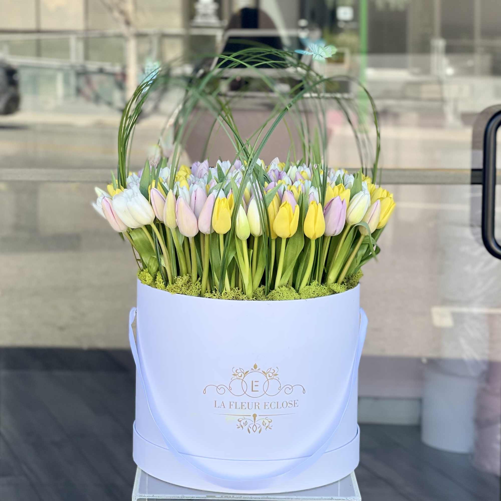 All tulip arrangement in our large white box