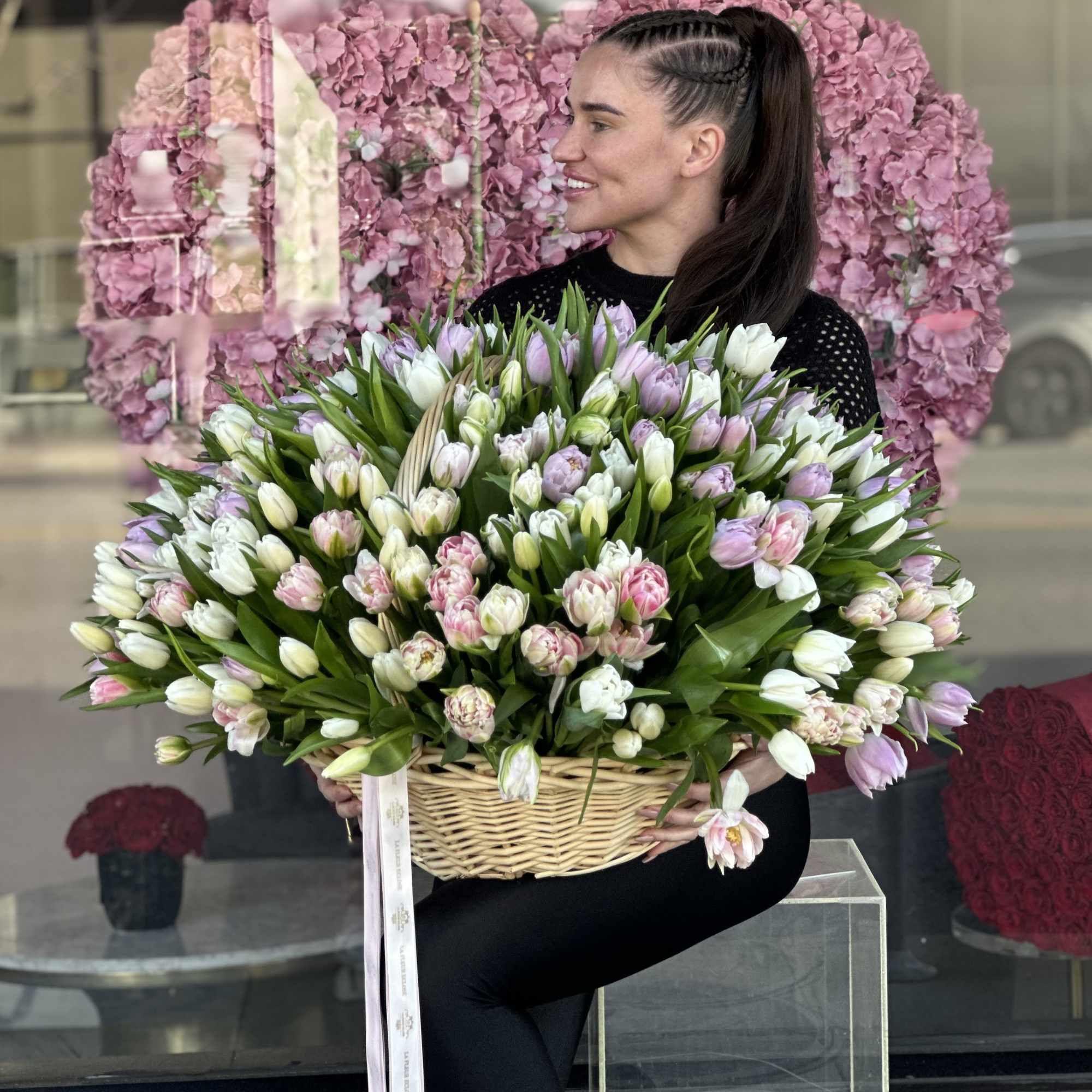 250 double tulips in a basket