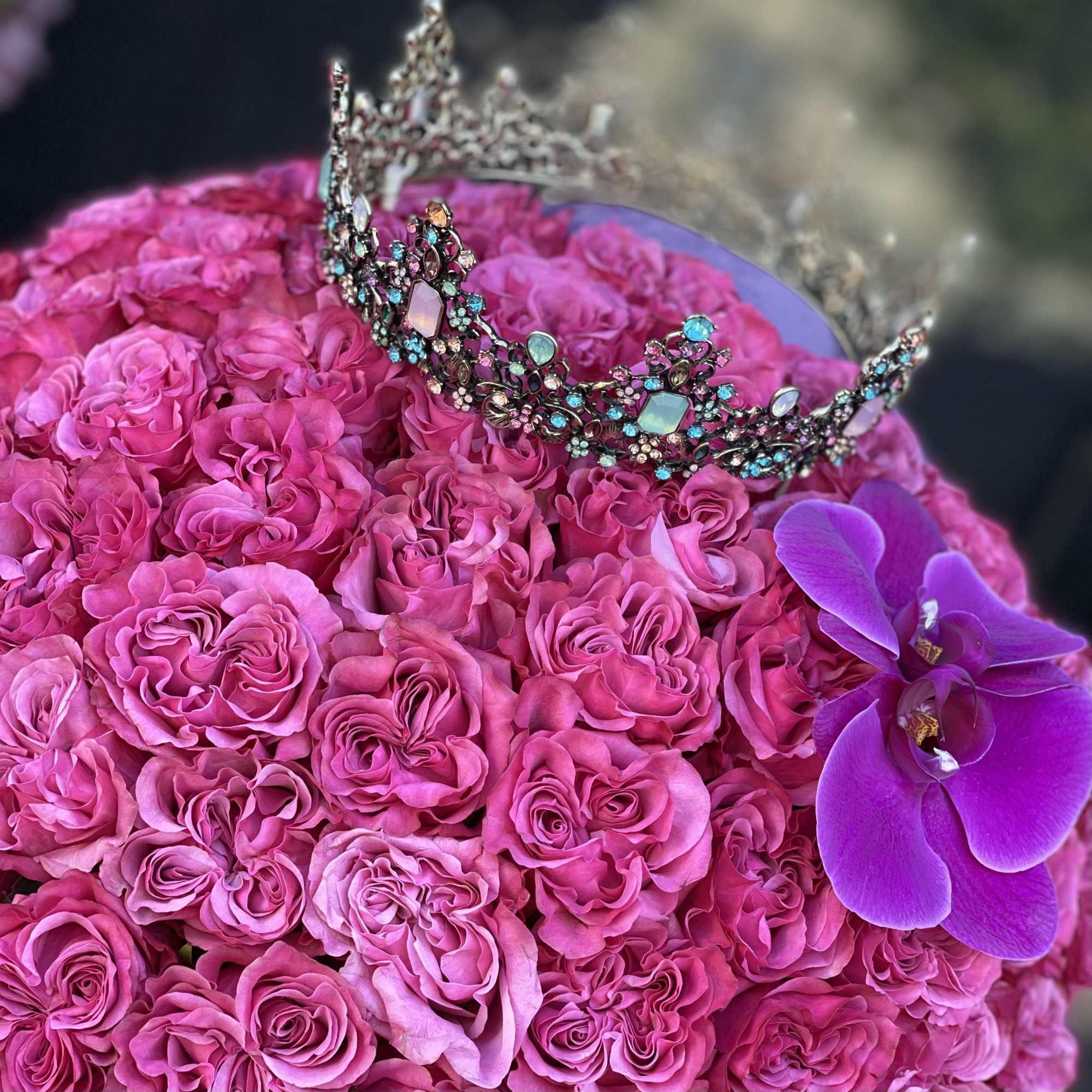 50 heart shaped roses ( standard, pictured) in our signature lavender velvet