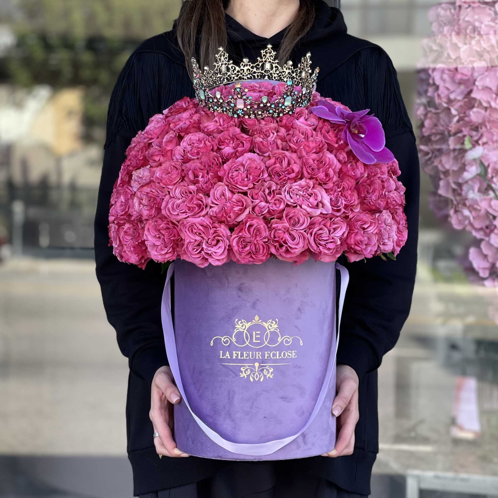 50 heart shaped roses ( standard, pictured) in our signature lavender velvet