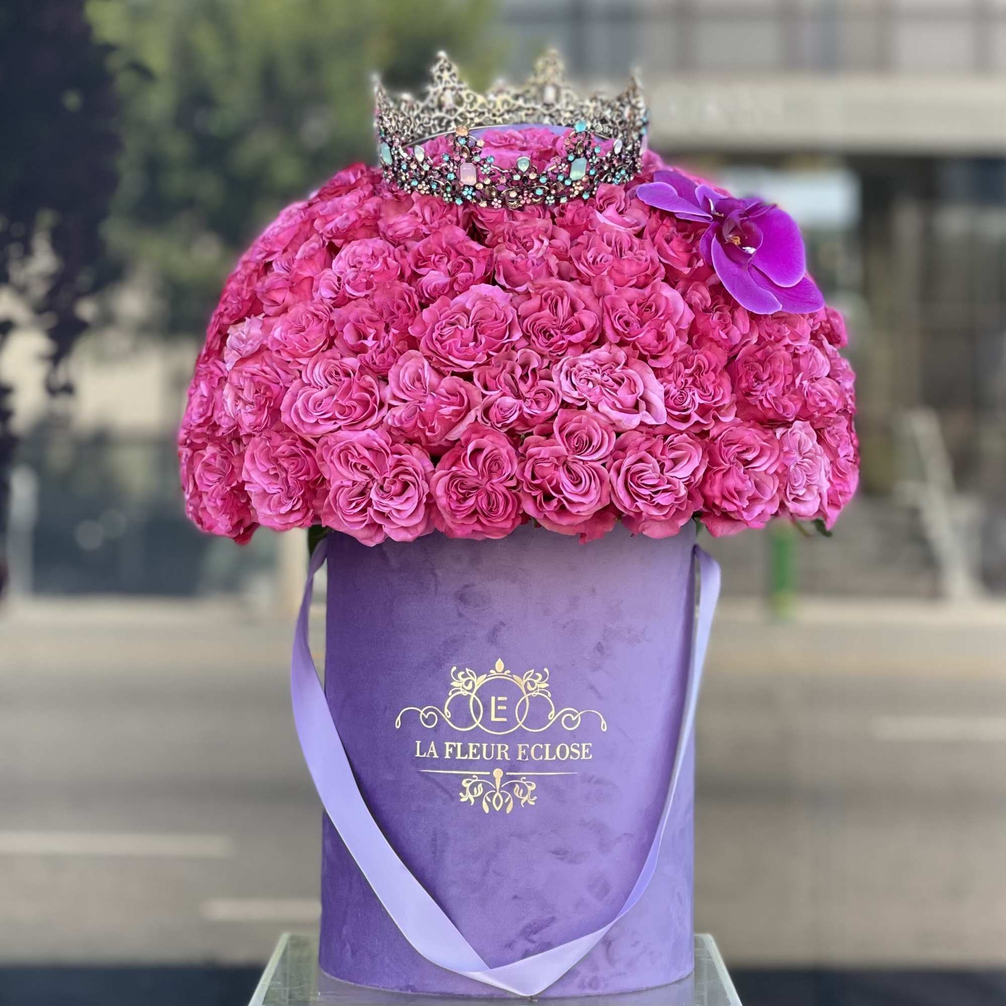 Heart shape roses in a velvet signature Lavander box with the crown