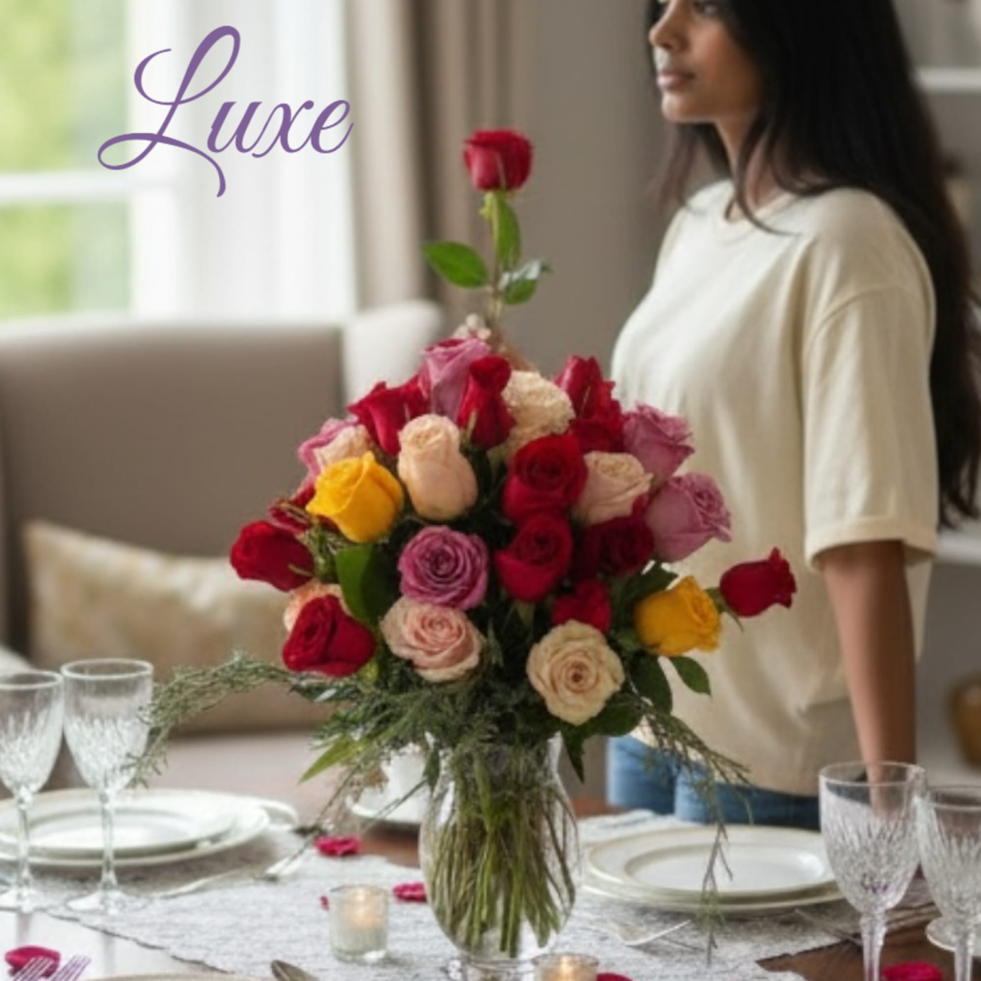 We arrange 50 long stem roses in a vase with assorted foliage.