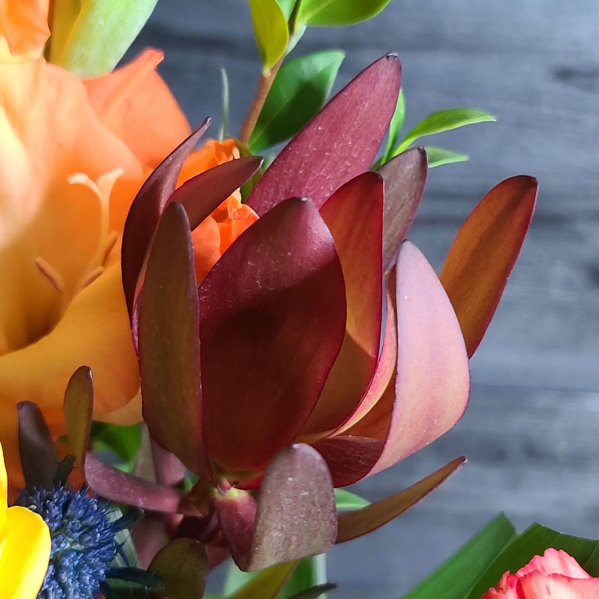 Lilies, roses, safari sunset, and other flowers.  Hues of orange colored