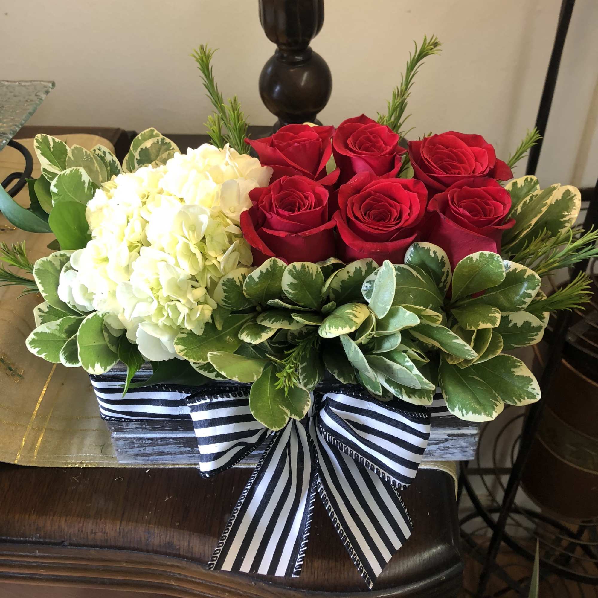 White Hydrangea with 6- Red Roses in a wooden box 
