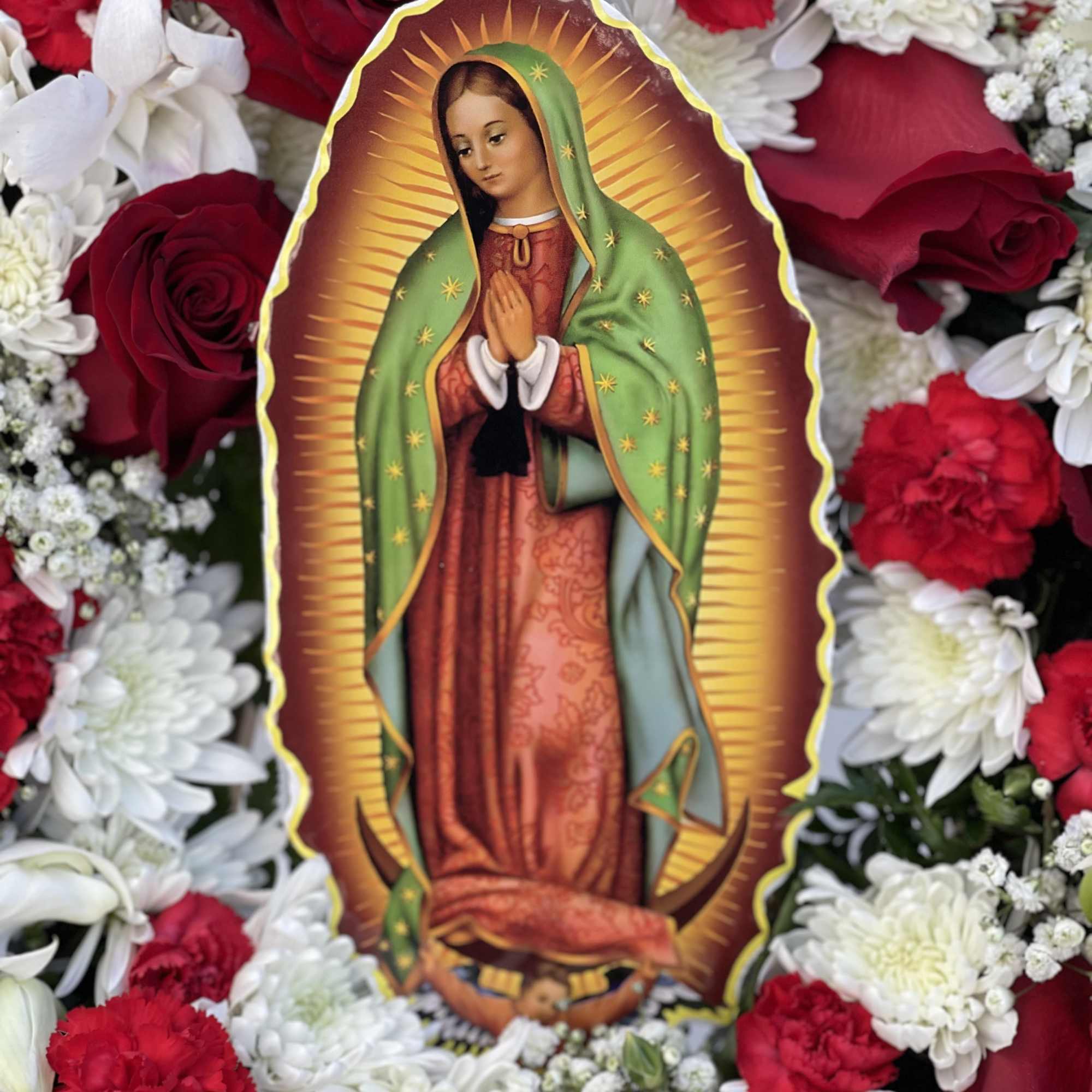 Wreath approximately 18&rdquo; Guadalupe is laminated cardboard 