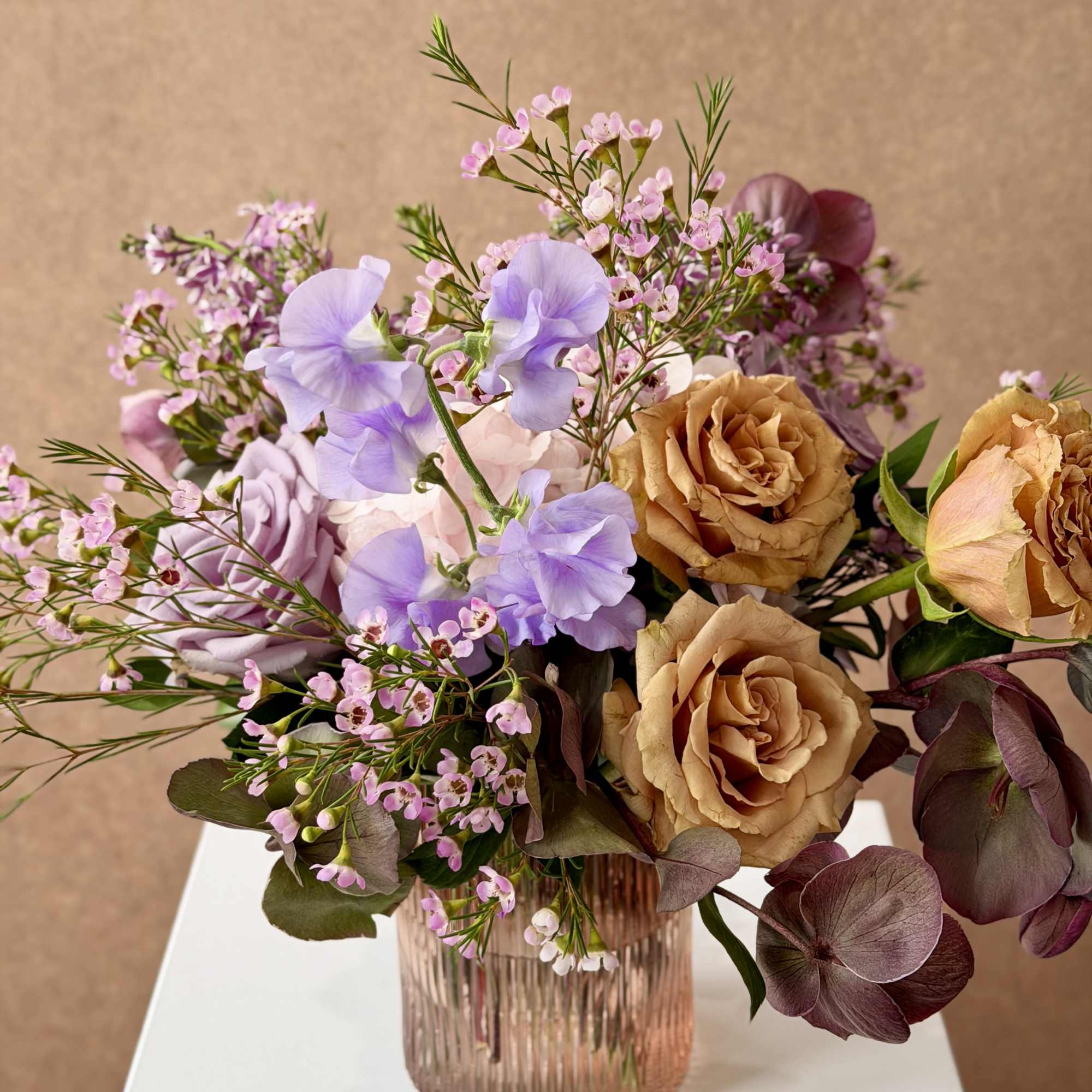 Thoughtfully curated color palette for a lush, springy arrangement in pink, lavender