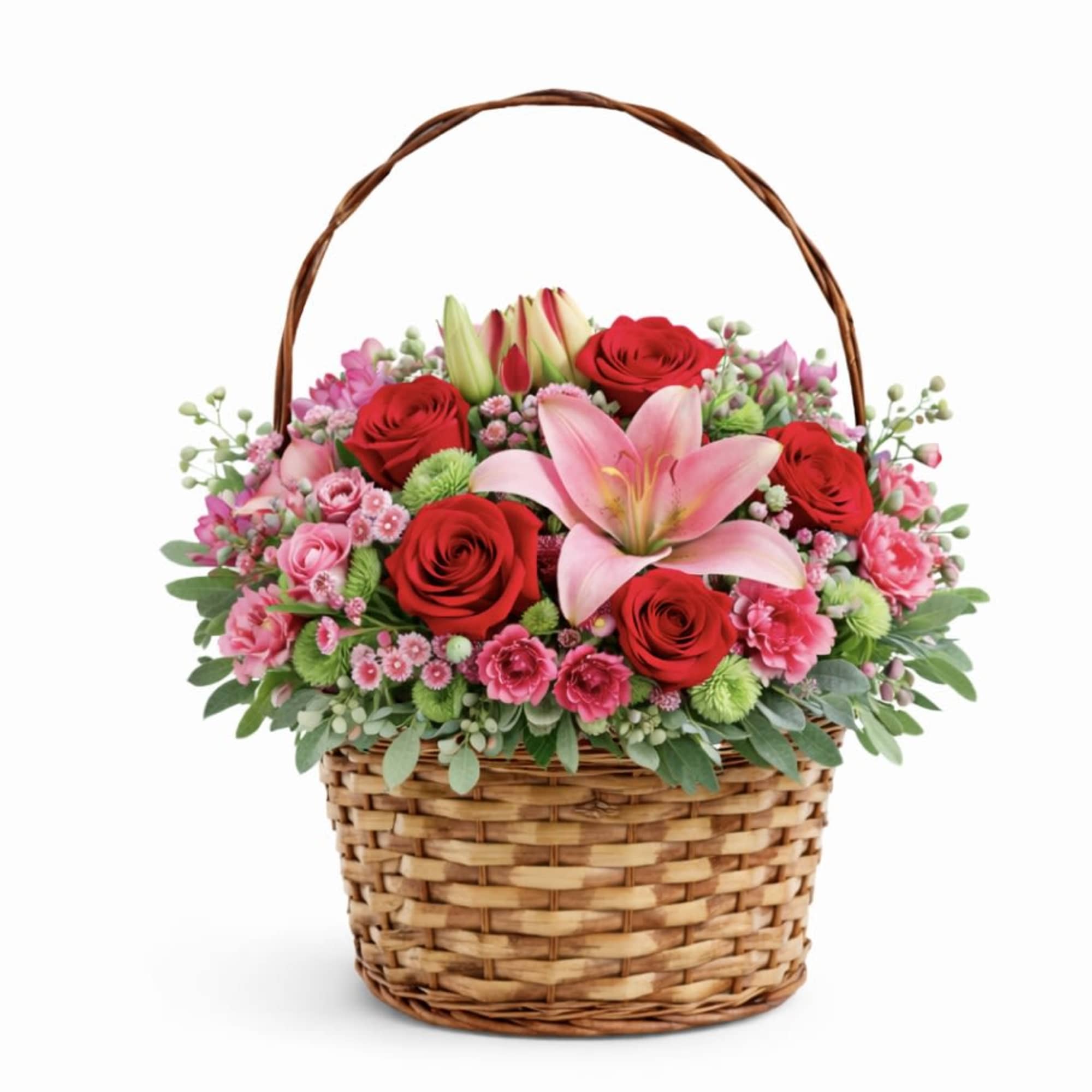 A charming Valentine&rsquo;s basket designed with a romantic mix of red and