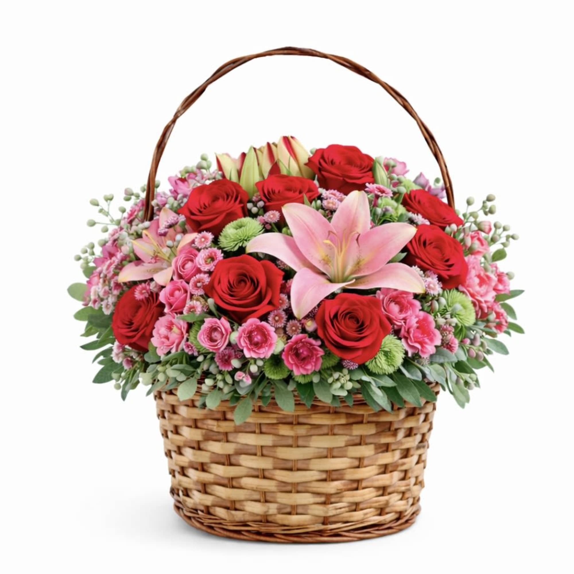 A charming Valentine&rsquo;s basket designed with a romantic mix of red and