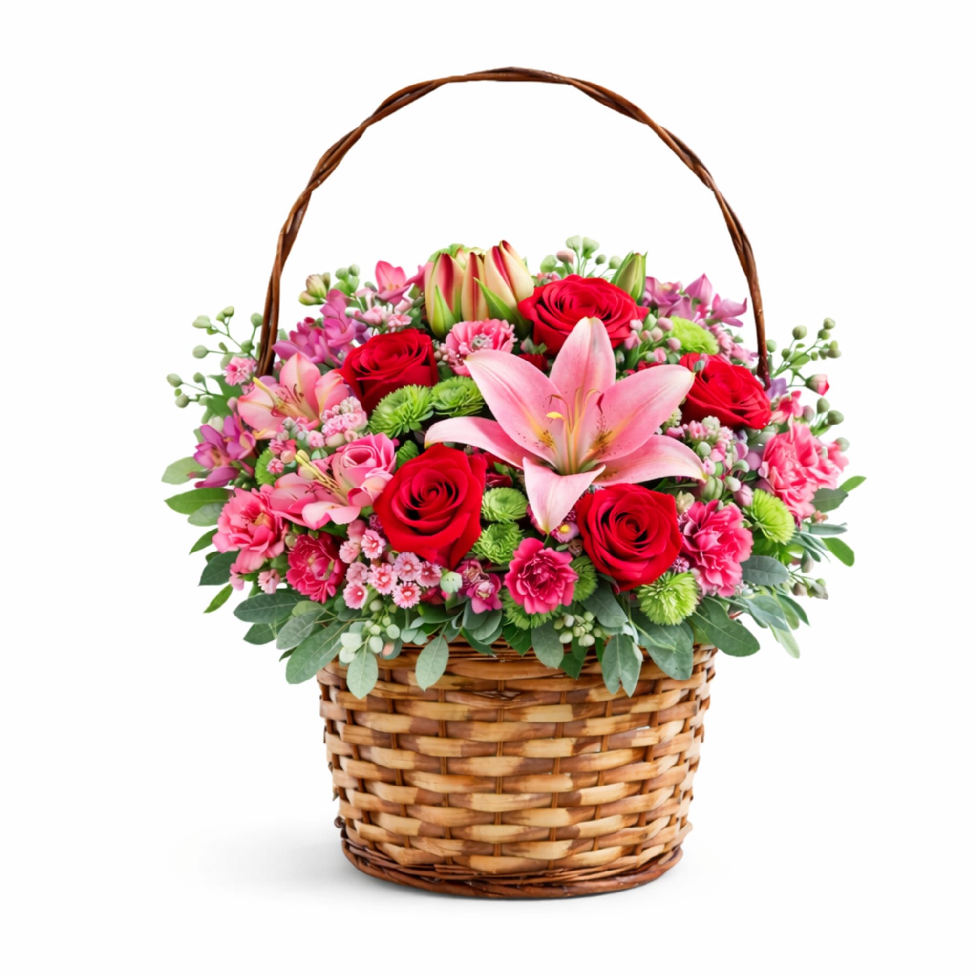 A charming Valentine&rsquo;s basket designed with a romantic mix of red and