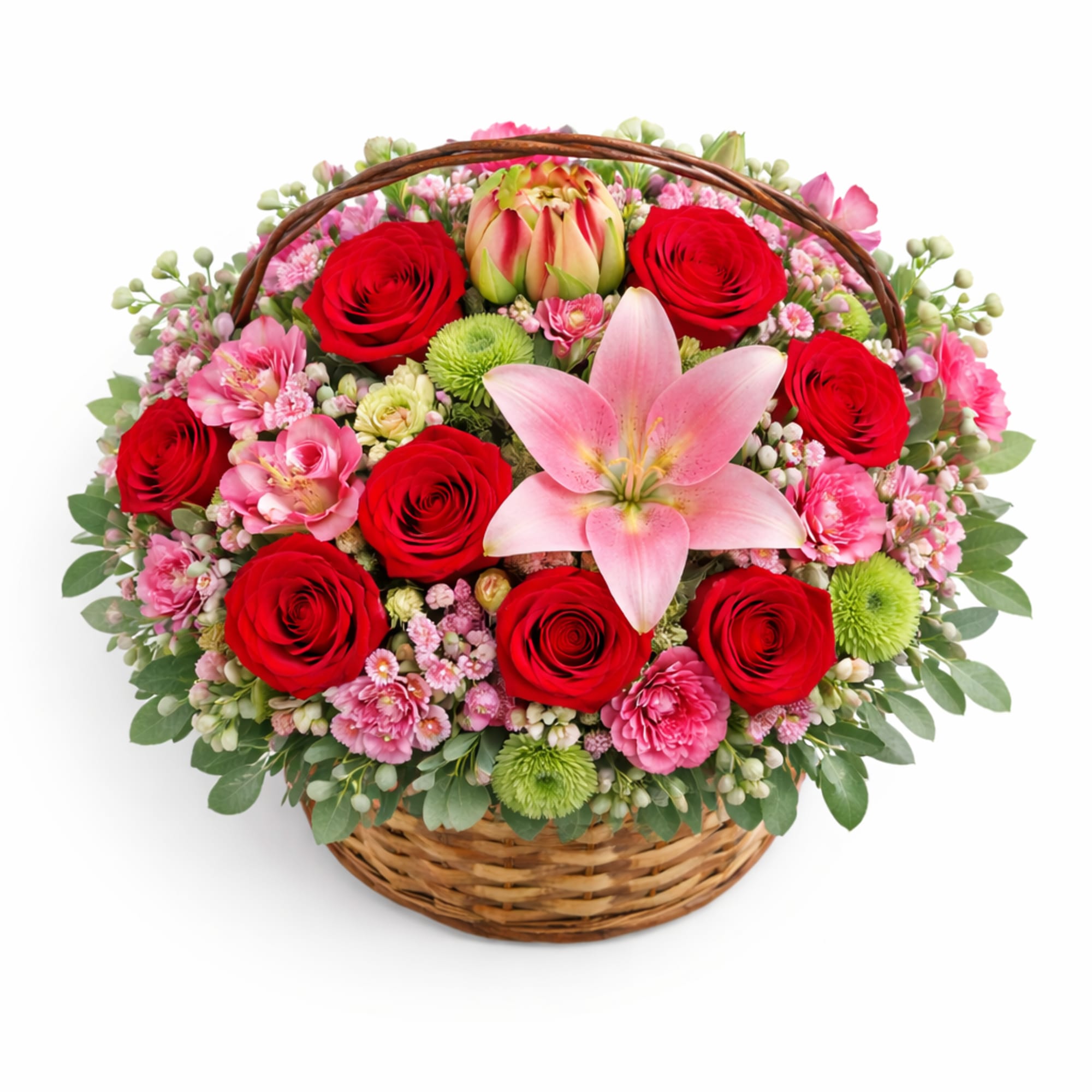 A charming Valentine&rsquo;s basket designed with a romantic mix of red and