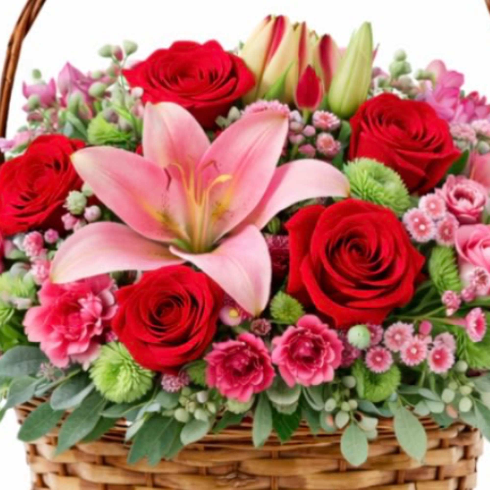 A charming Valentine&rsquo;s basket designed with a romantic mix of red and