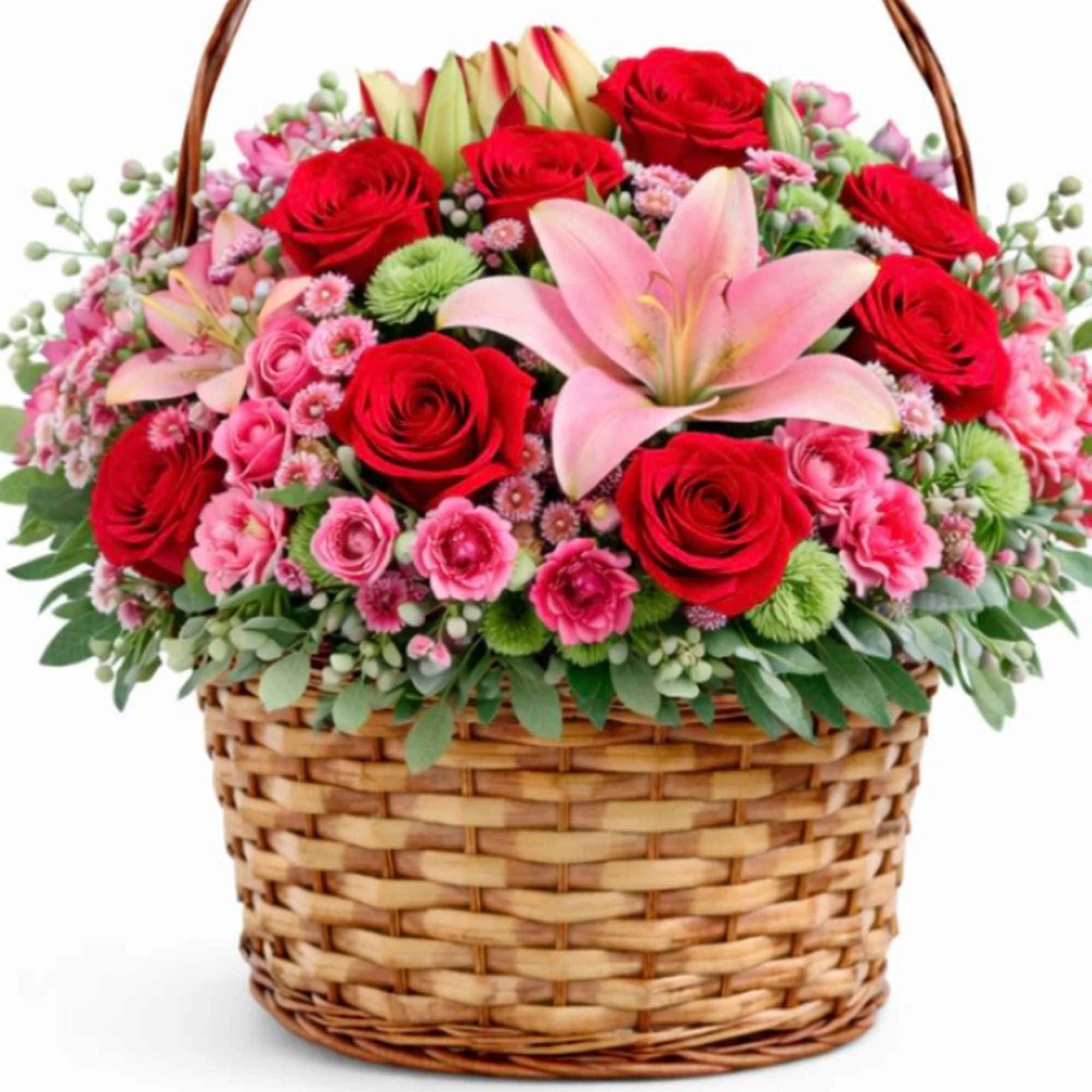 A charming Valentine&rsquo;s basket designed with a romantic mix of red and