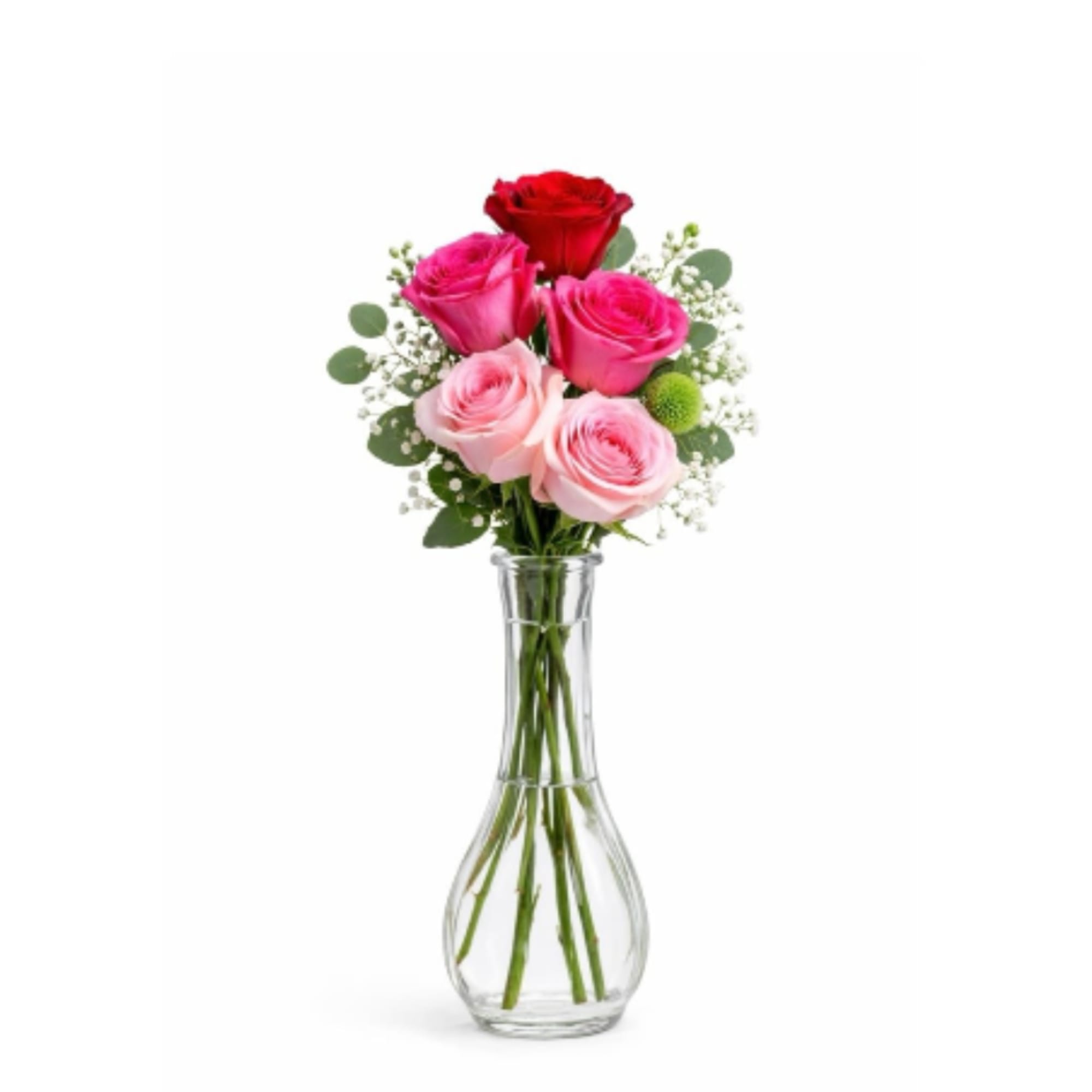 A sweet mix of blush and hot pink roses, finished with airy