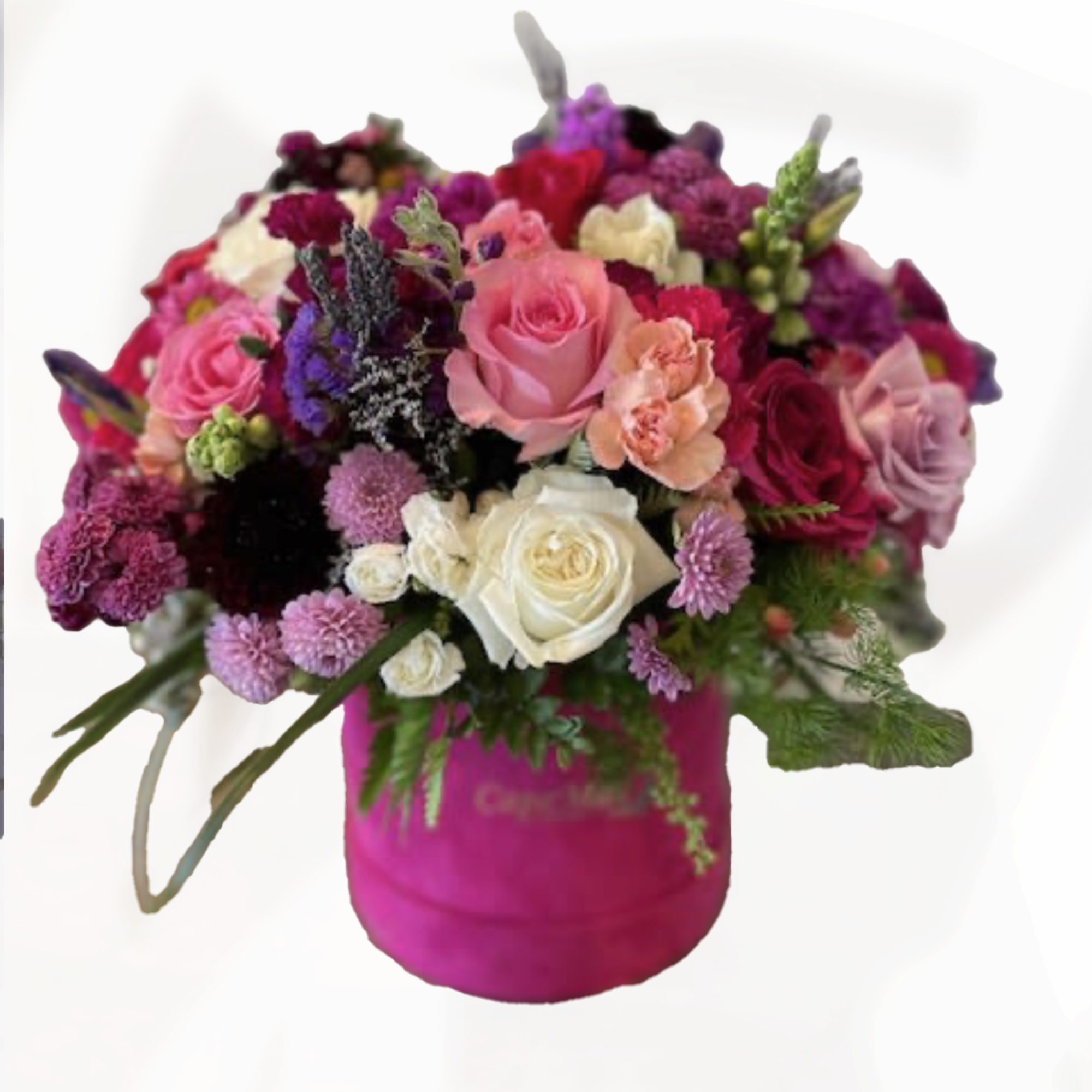 Filled with roses, mums, dahlias, ranunculus, and wha tis in season in