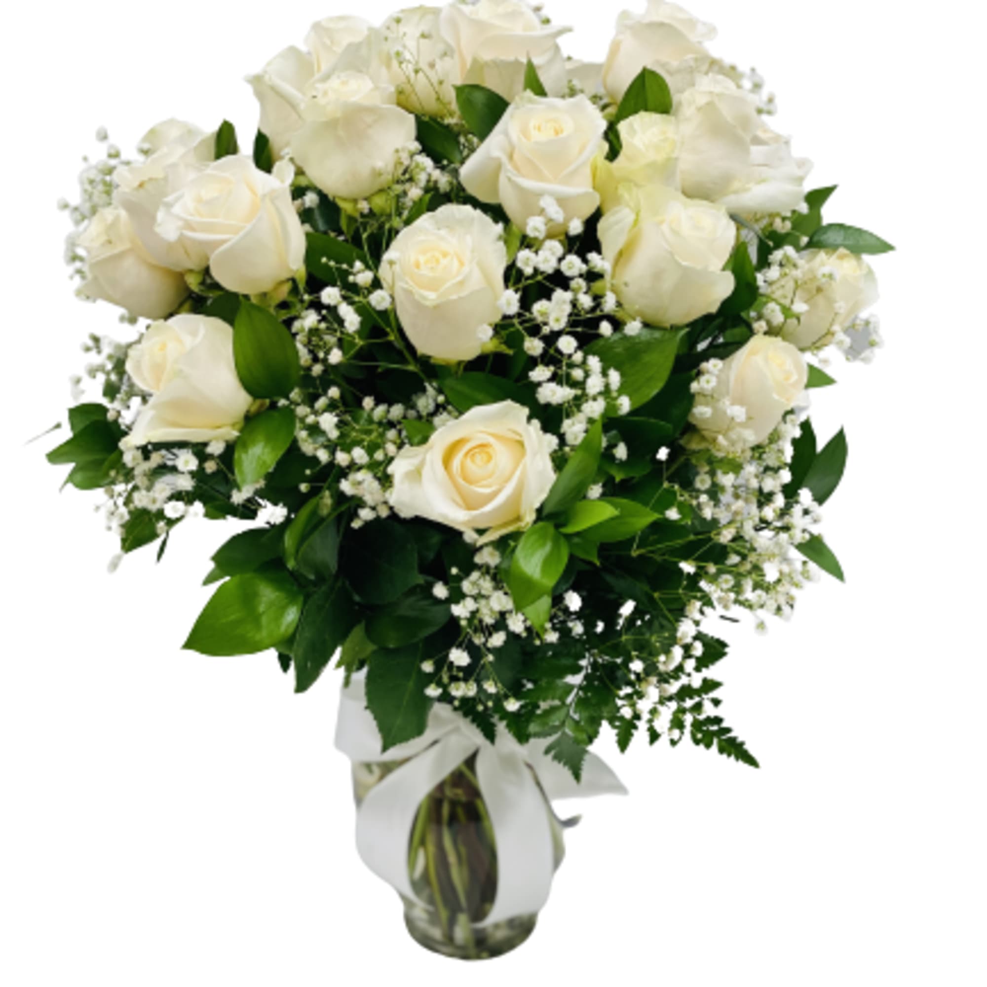 White roses in a vase with greenery and baby's breath.

Standard: One Dozen