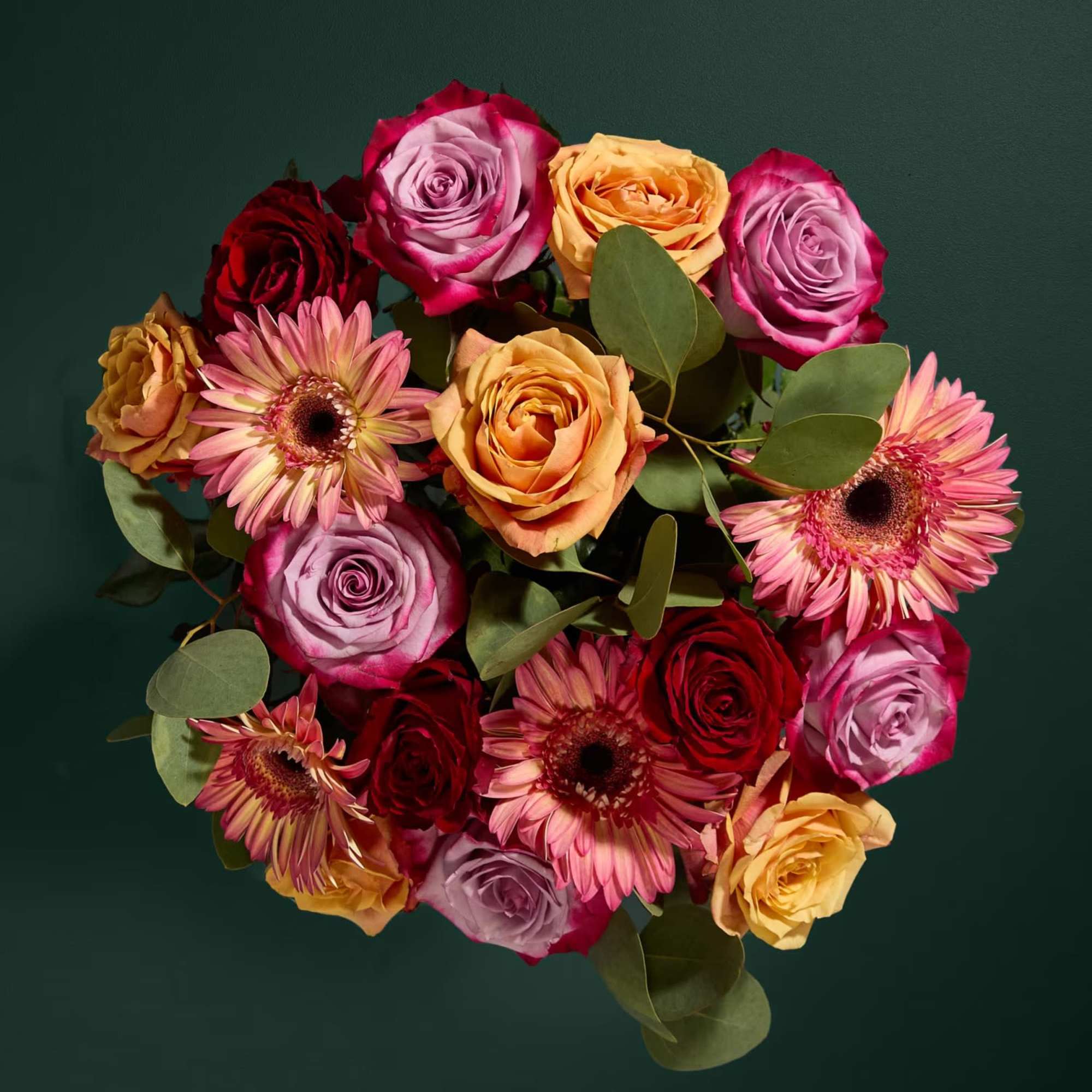 Round bouquet of roses and pink gerbera daisies with eucalyptus