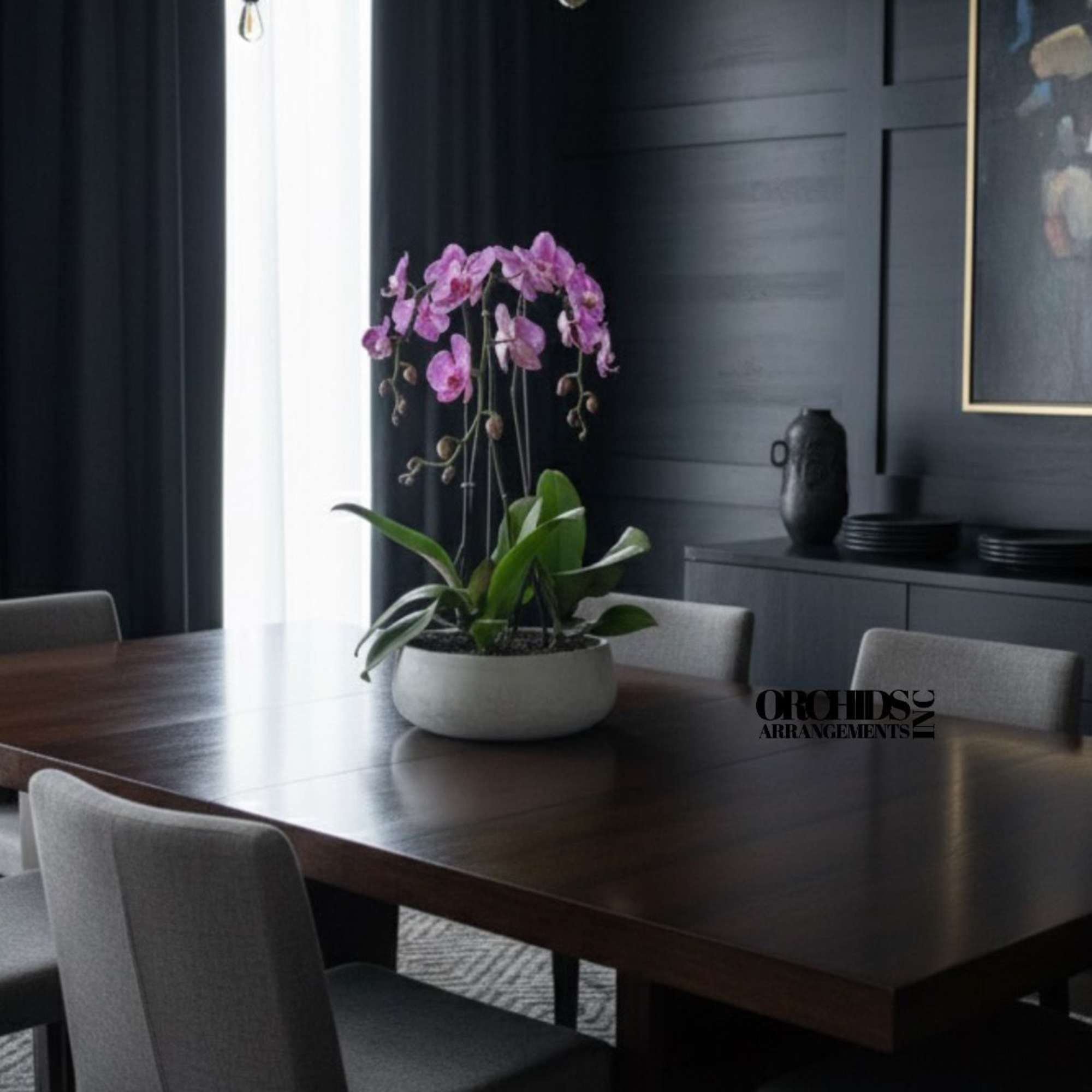 A high quality Triple pink orchids arrangement with a vase 12.5" D