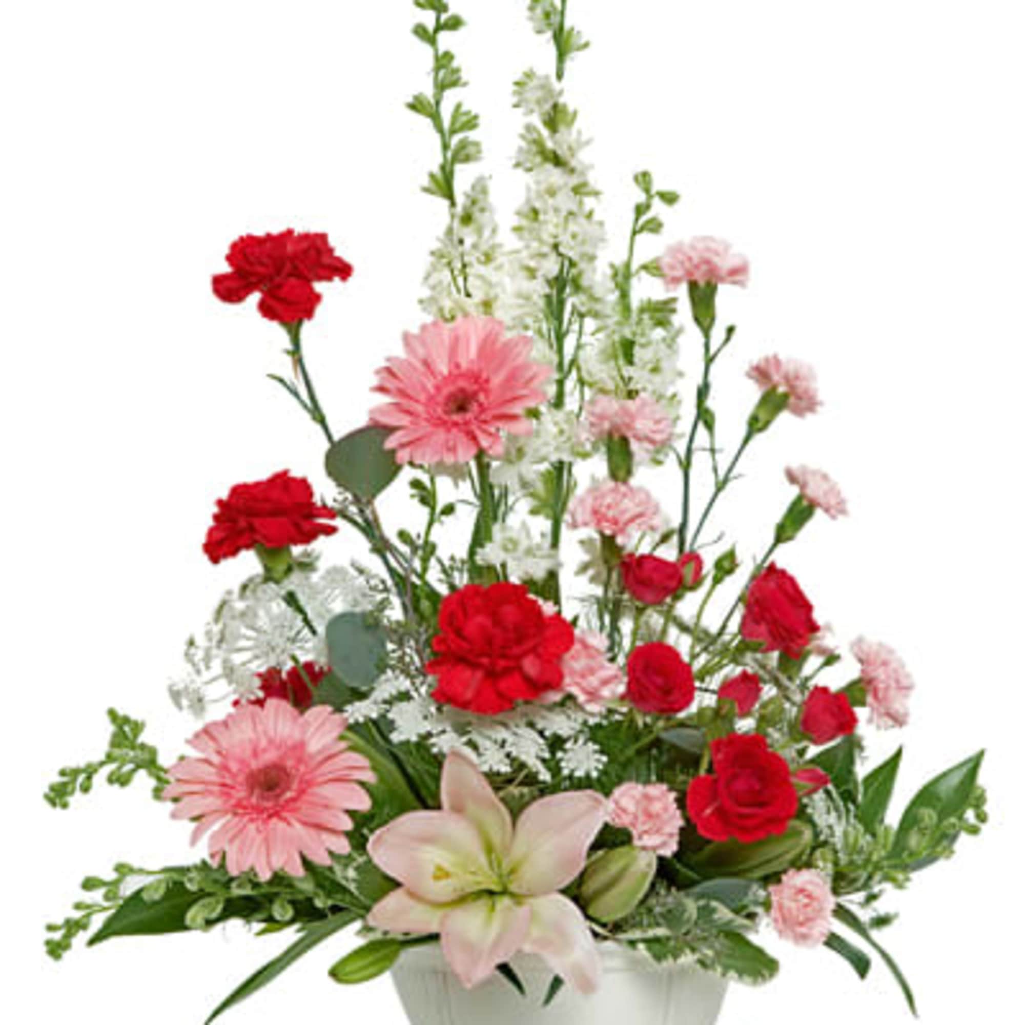 This lovely arrangement of pink, red and white blossoms &ndash; including roses