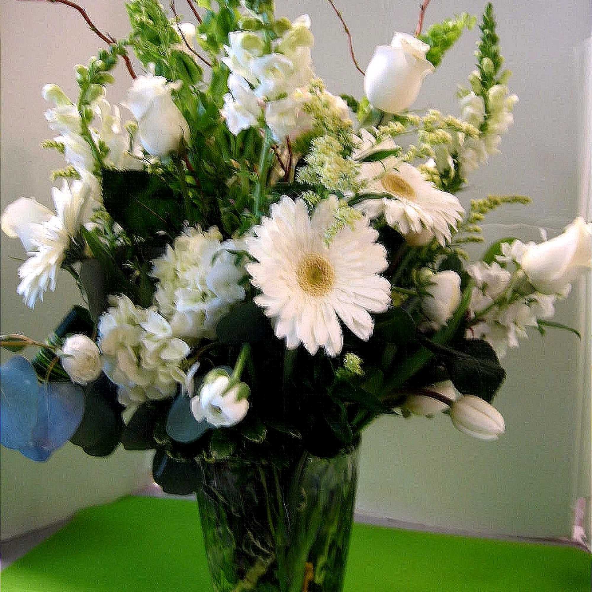 All White Roses, Hydrangea, Stock,  Snapdragons, Fancy Greens