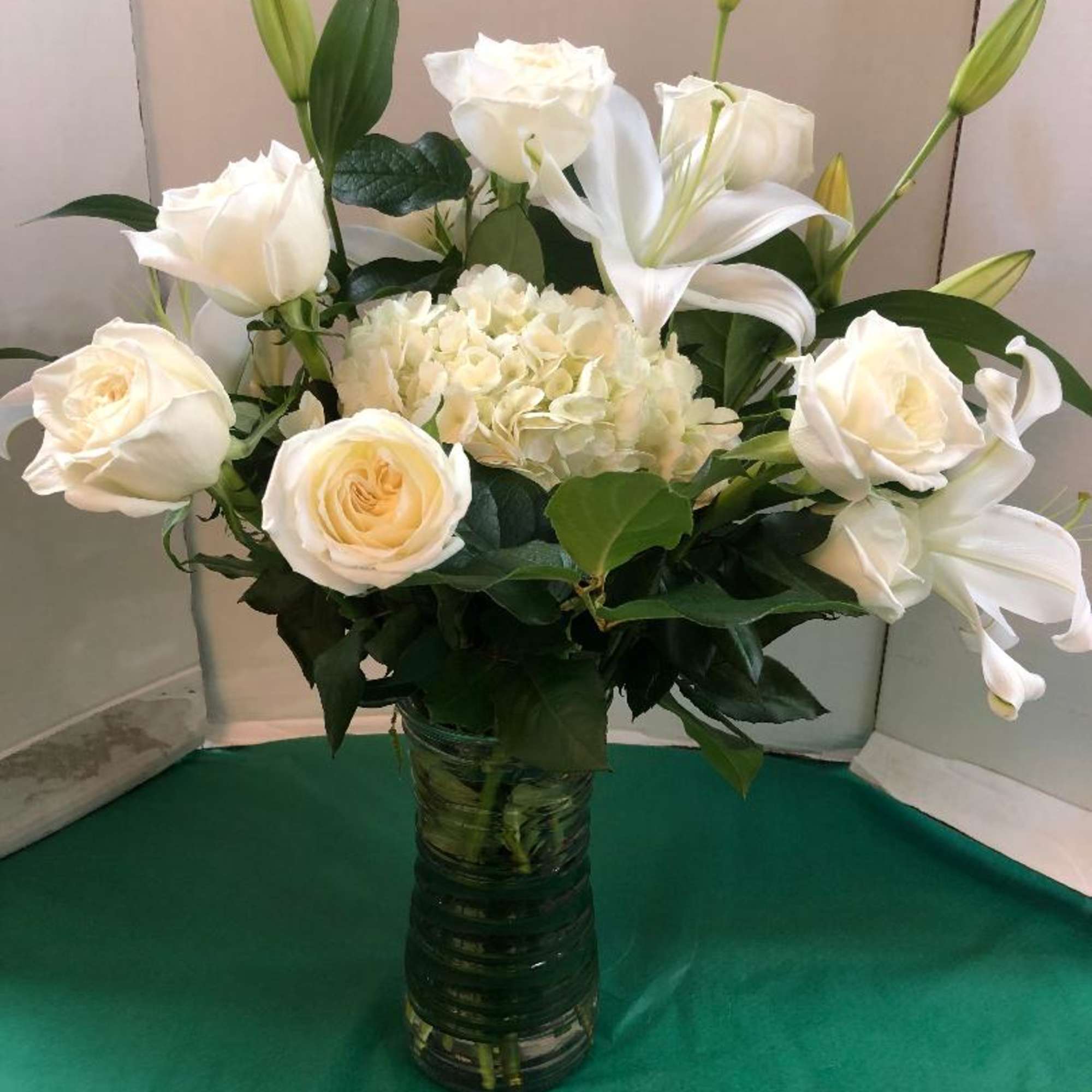 All White Roses, Hydrangea, Stock,  Snapdragons, Fancy Greens
