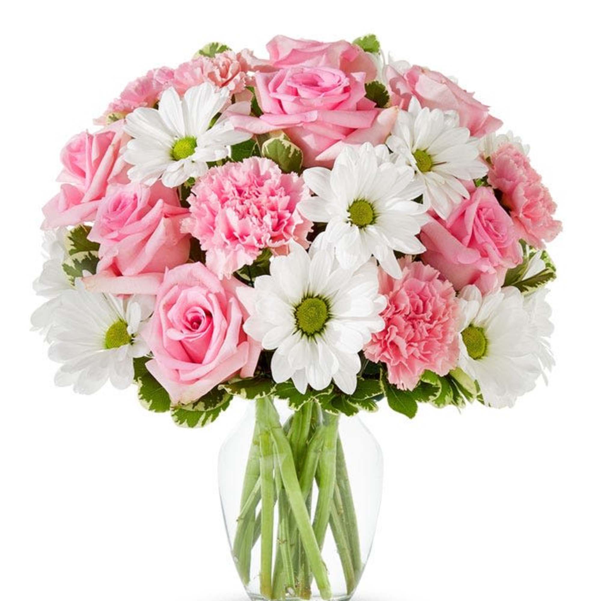 A delicate blend of soft white blooms and light pink flowers, exuding