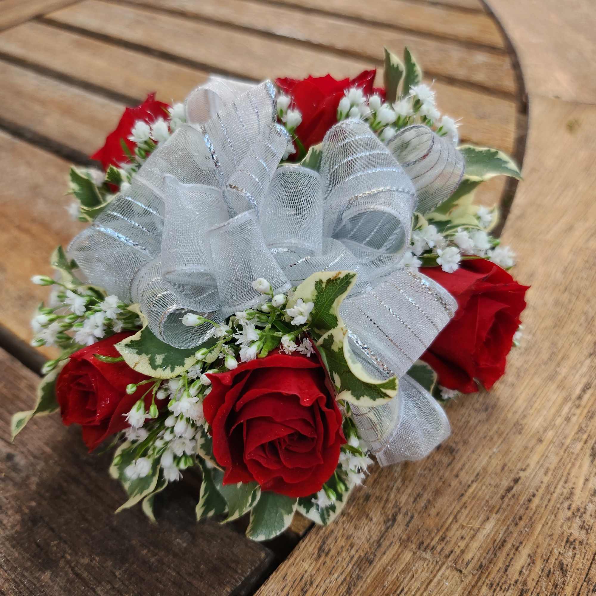 Wrist Corsage Red Spray Roses And Silver And white Ribbon 