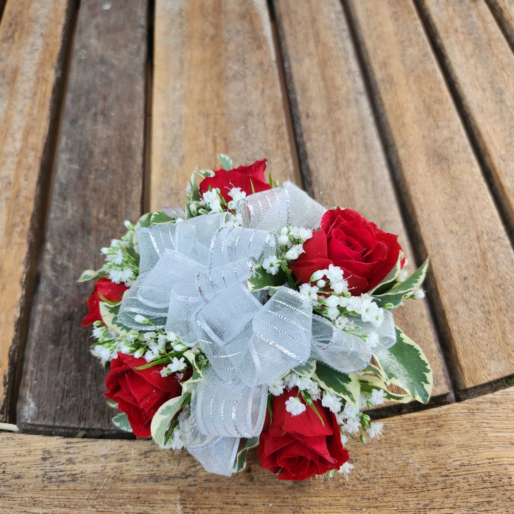 Wrist Corsage Red Spray Roses And Silver And white Ribbon 