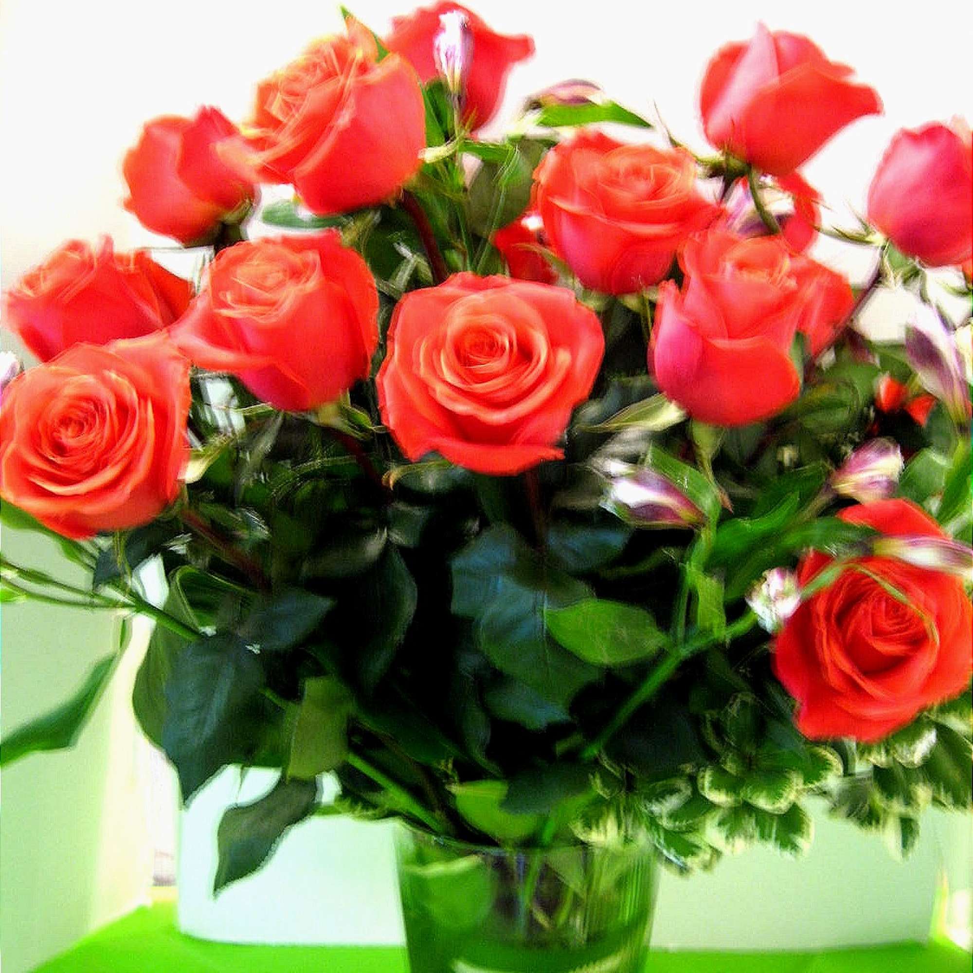  Orange Roses, Assorted Fancy greens, in a Tall Glass Vase