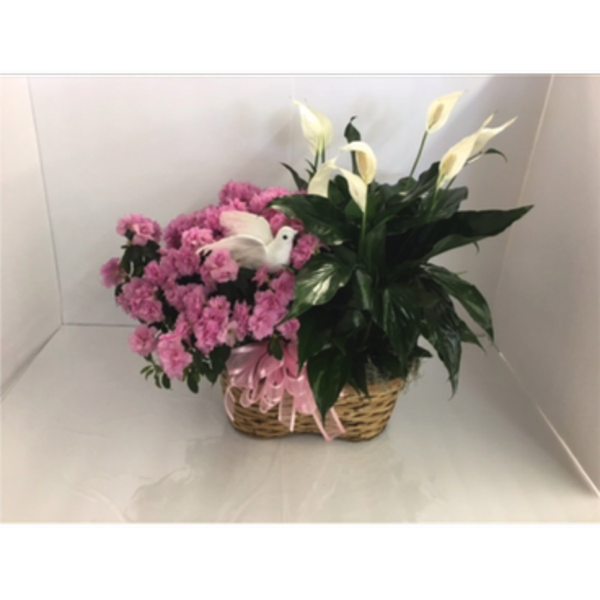 Double Basket with Peace Lily and Azalea
Approx. 20' H x 24' W

