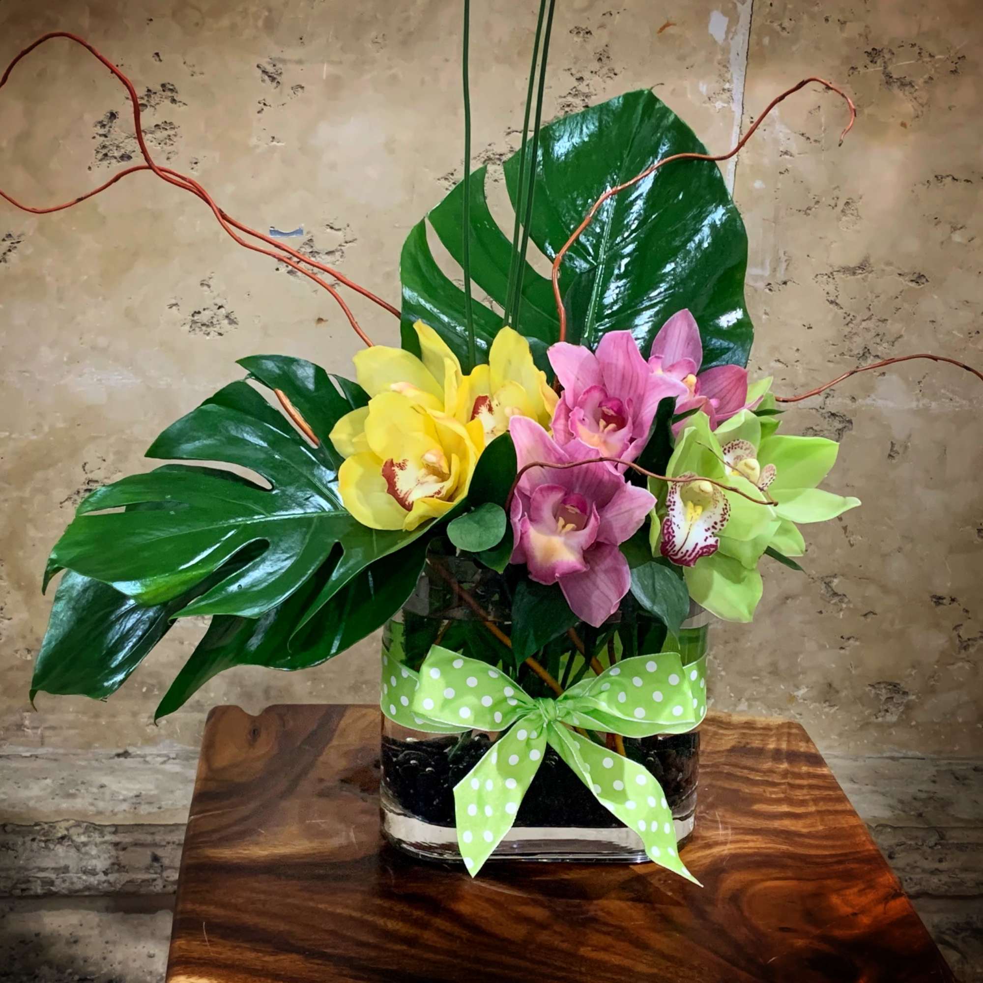 Premium Cymbidium Orchid and nice green leaves in glass vase.
