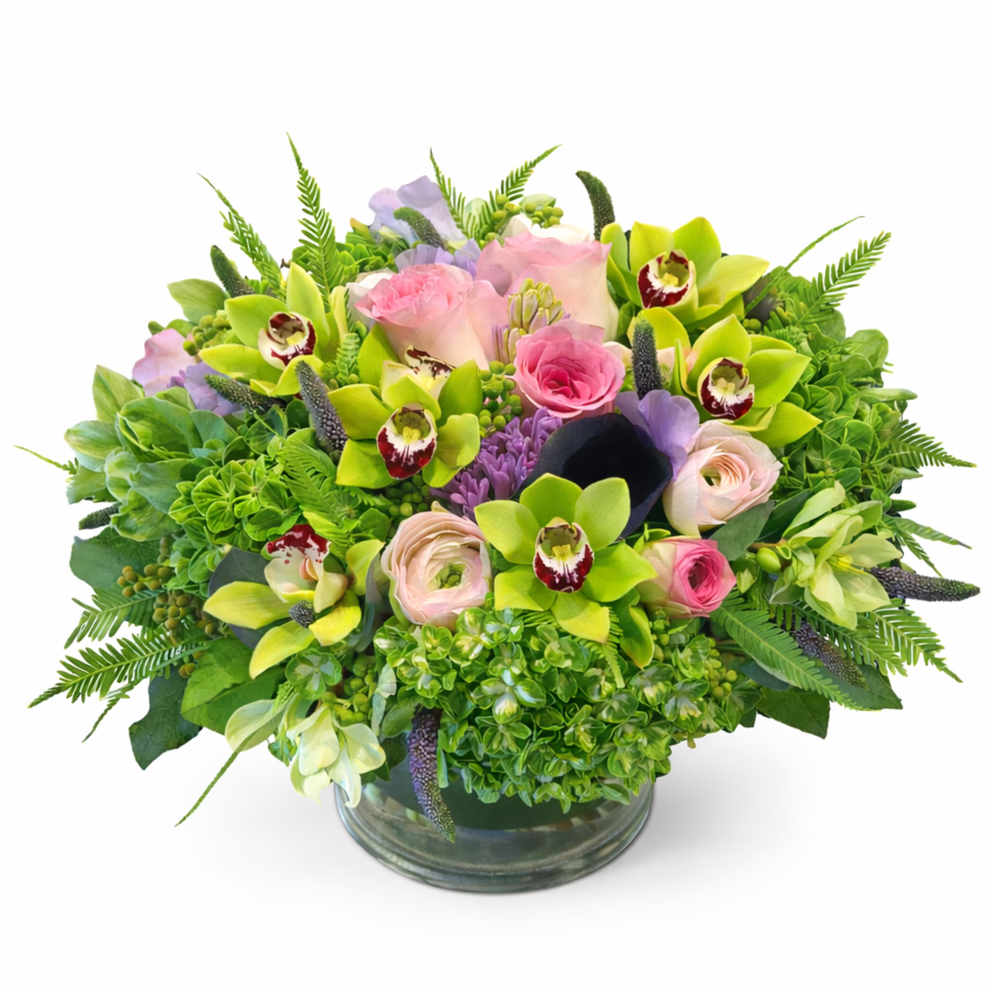 A lush, garden-style arrangement featuring soft pink roses and ranunculus, vibrant green
