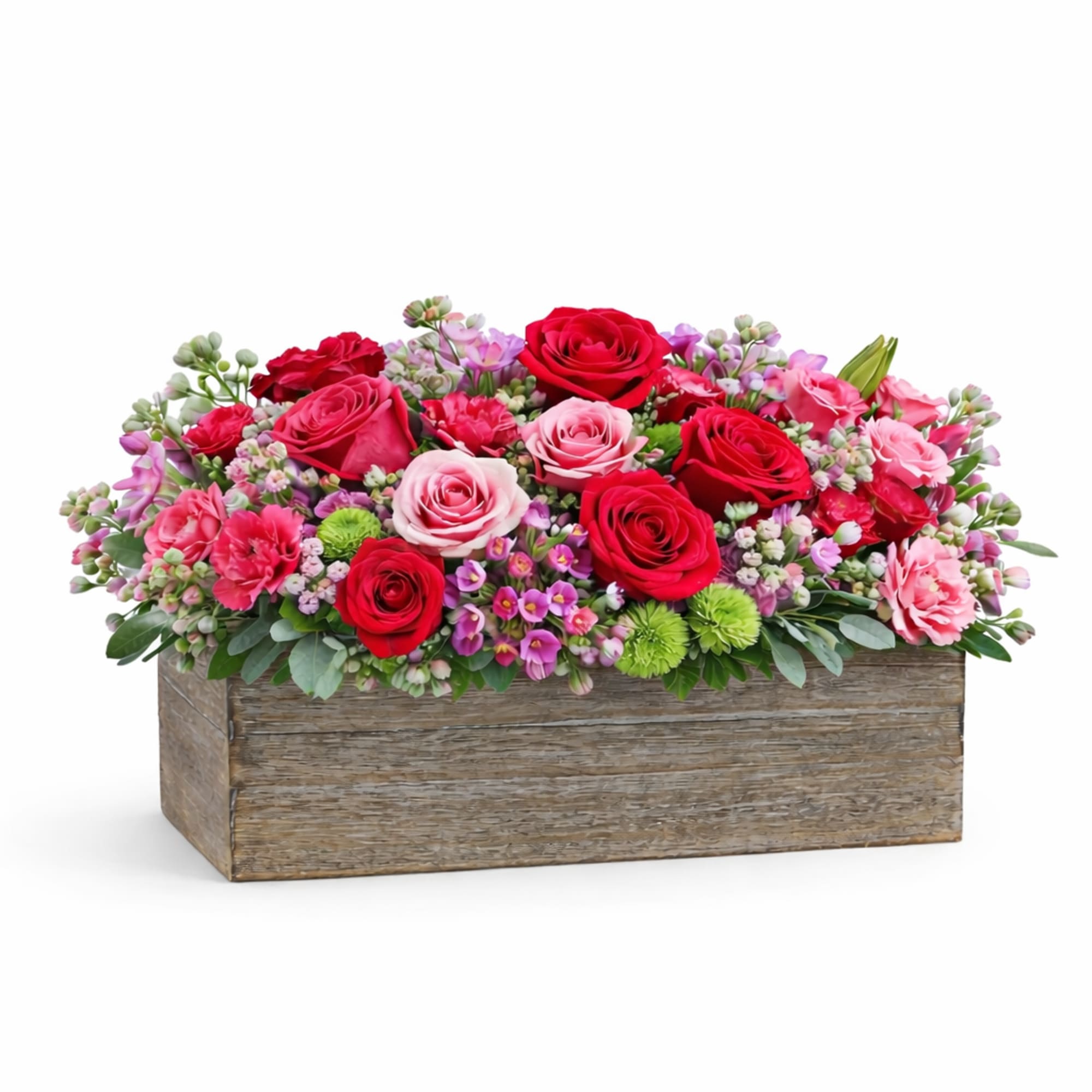 A romantic wooden flower box featuring a vibrant mix of red and