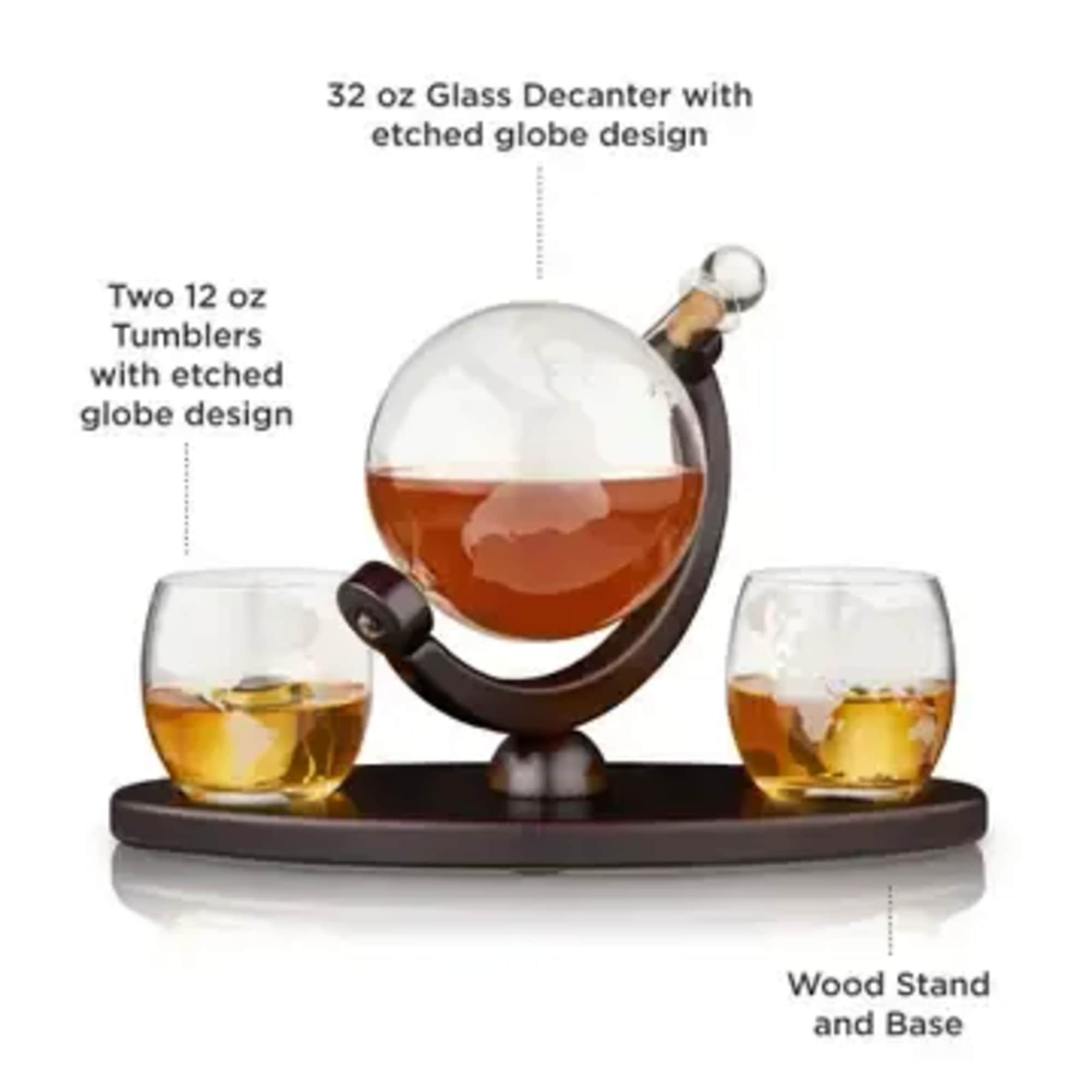The exquisite globe shaped decanter is etched with the continents of the