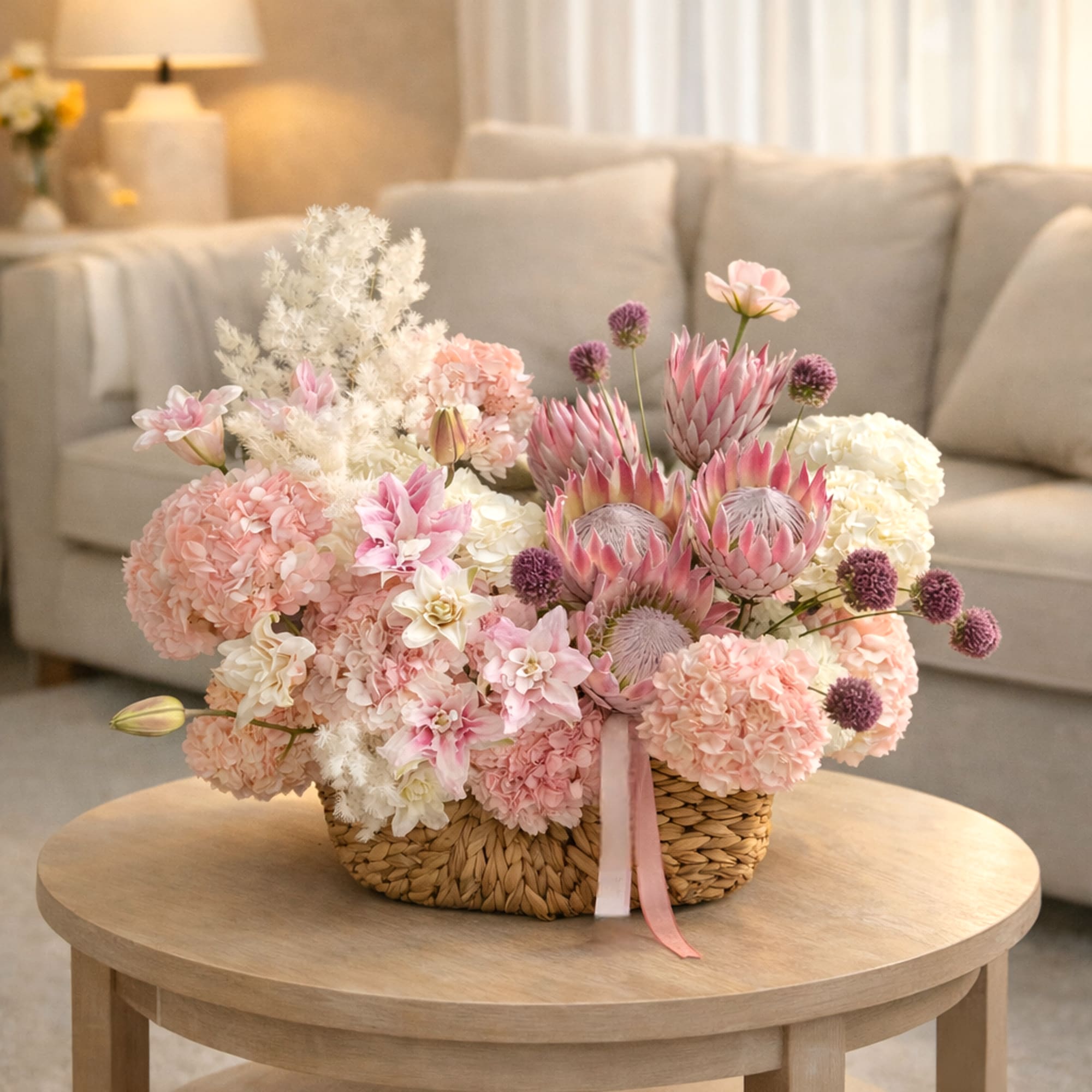 This elegant blush and ivory flower arrangement is styled in a natural