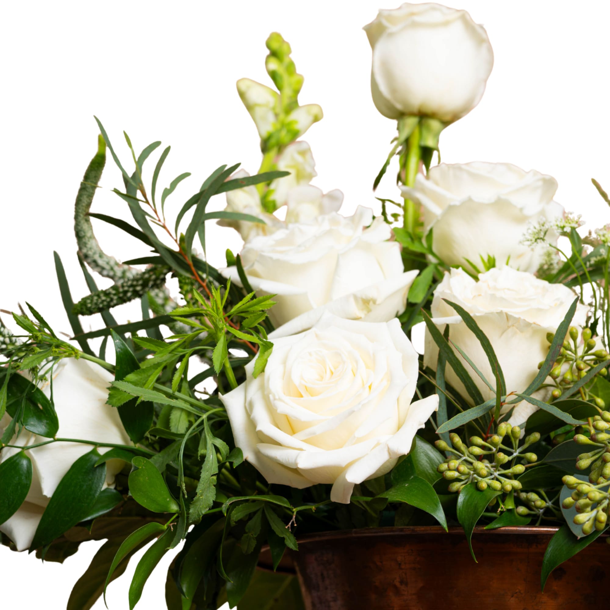 Pure and architectural, FAITH is an ode to simplicity. White roses, anthurium
