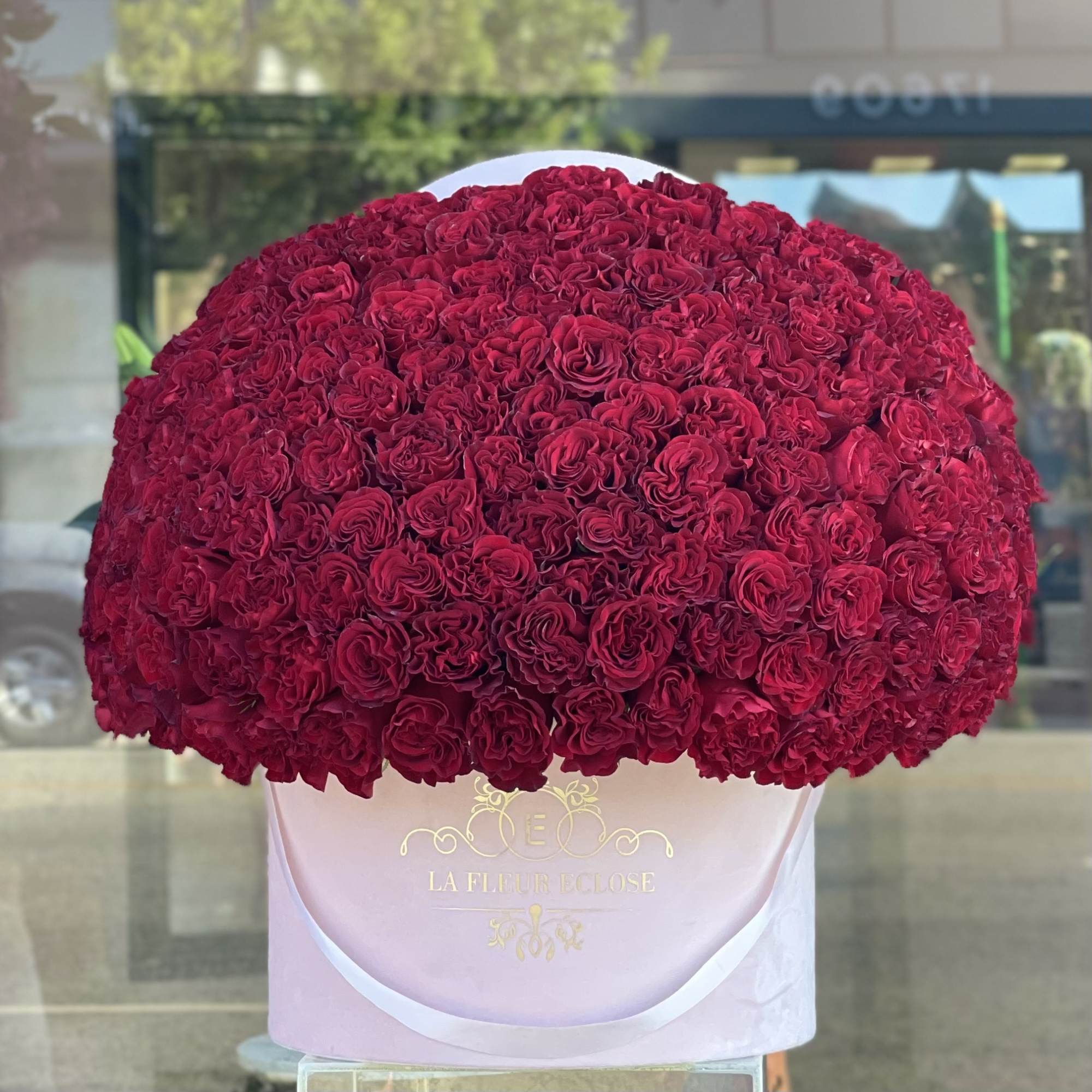 175 red roses in our signature velvet light pink box