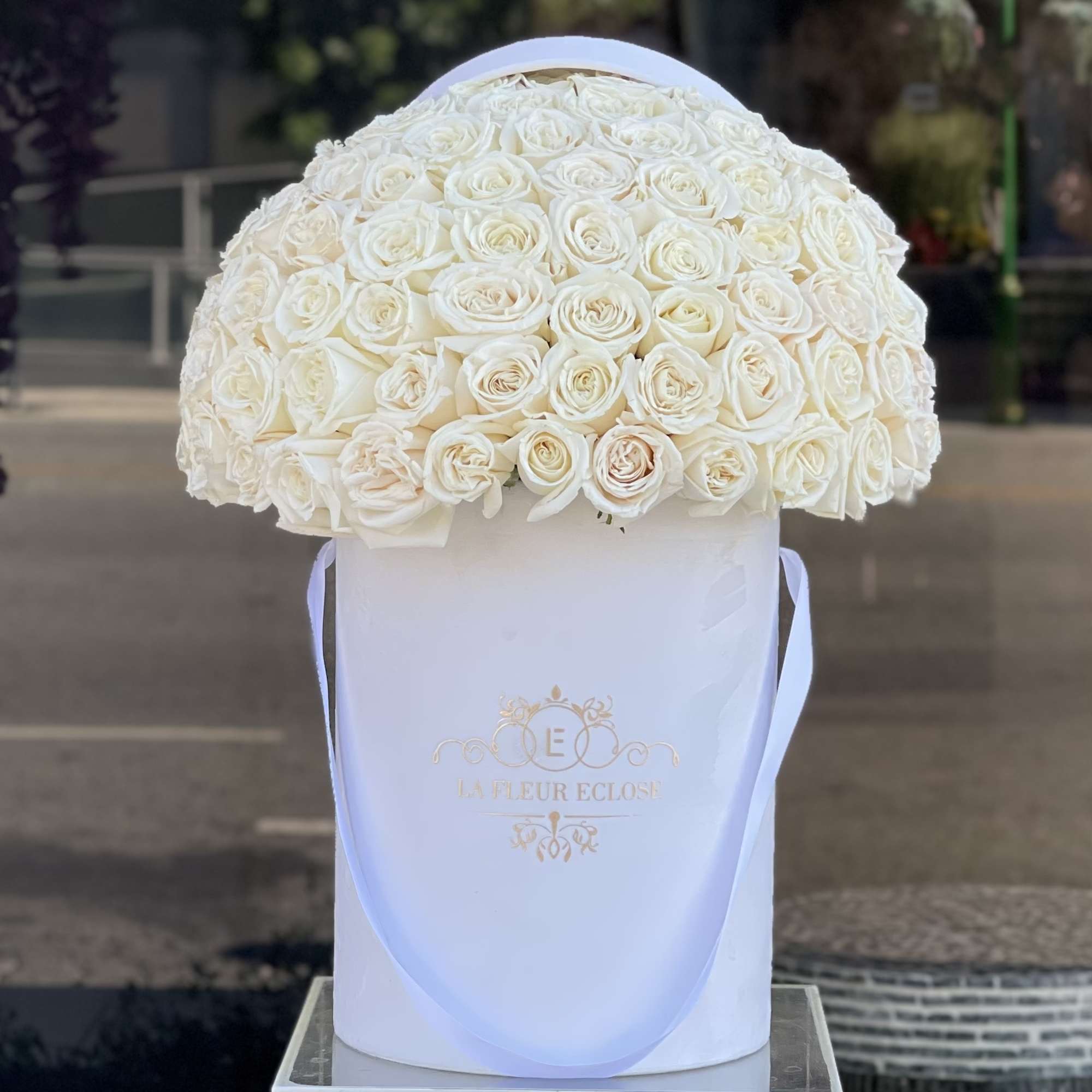 50 white roses in our signature velvet white box   