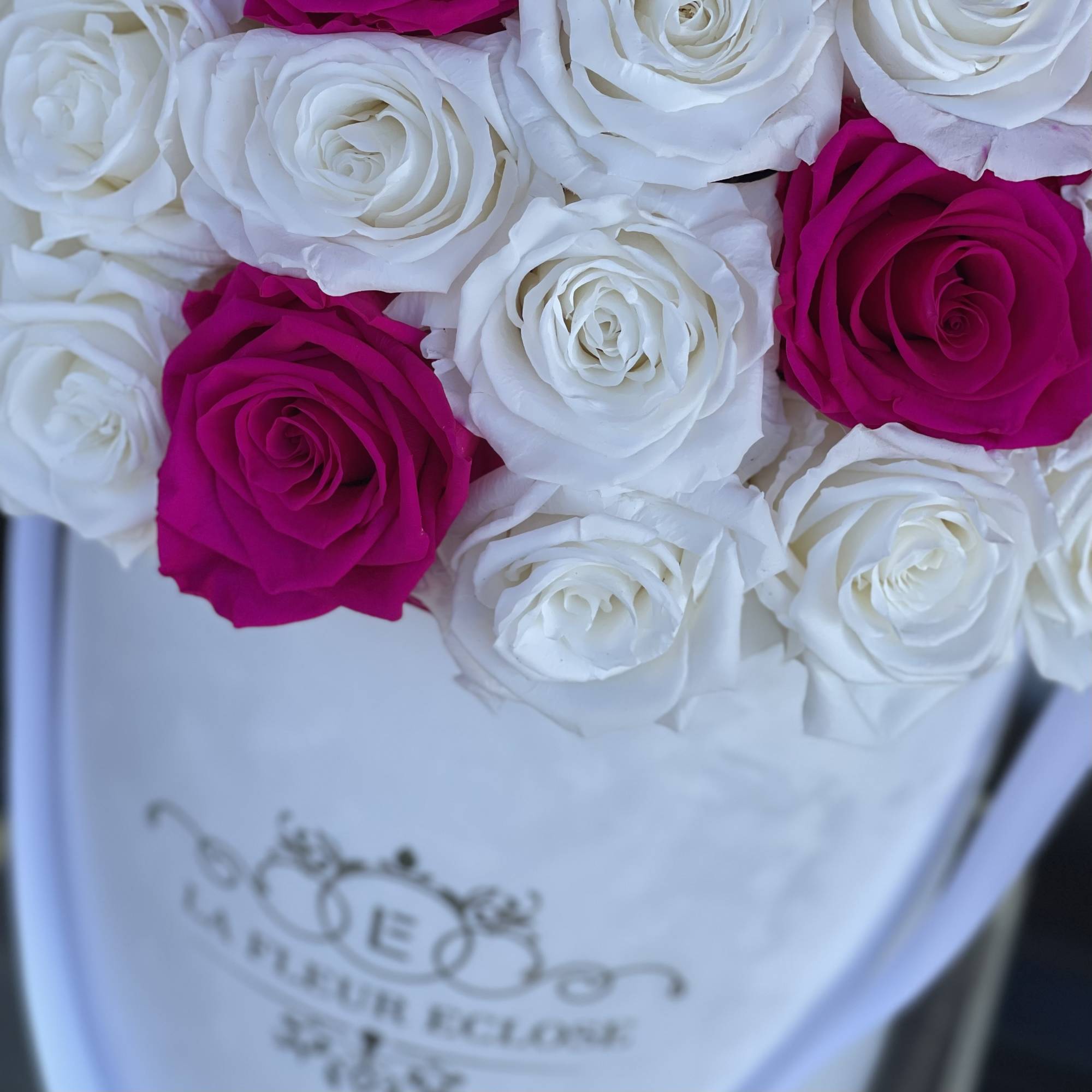 Preserved roses in our signature white velvet box 