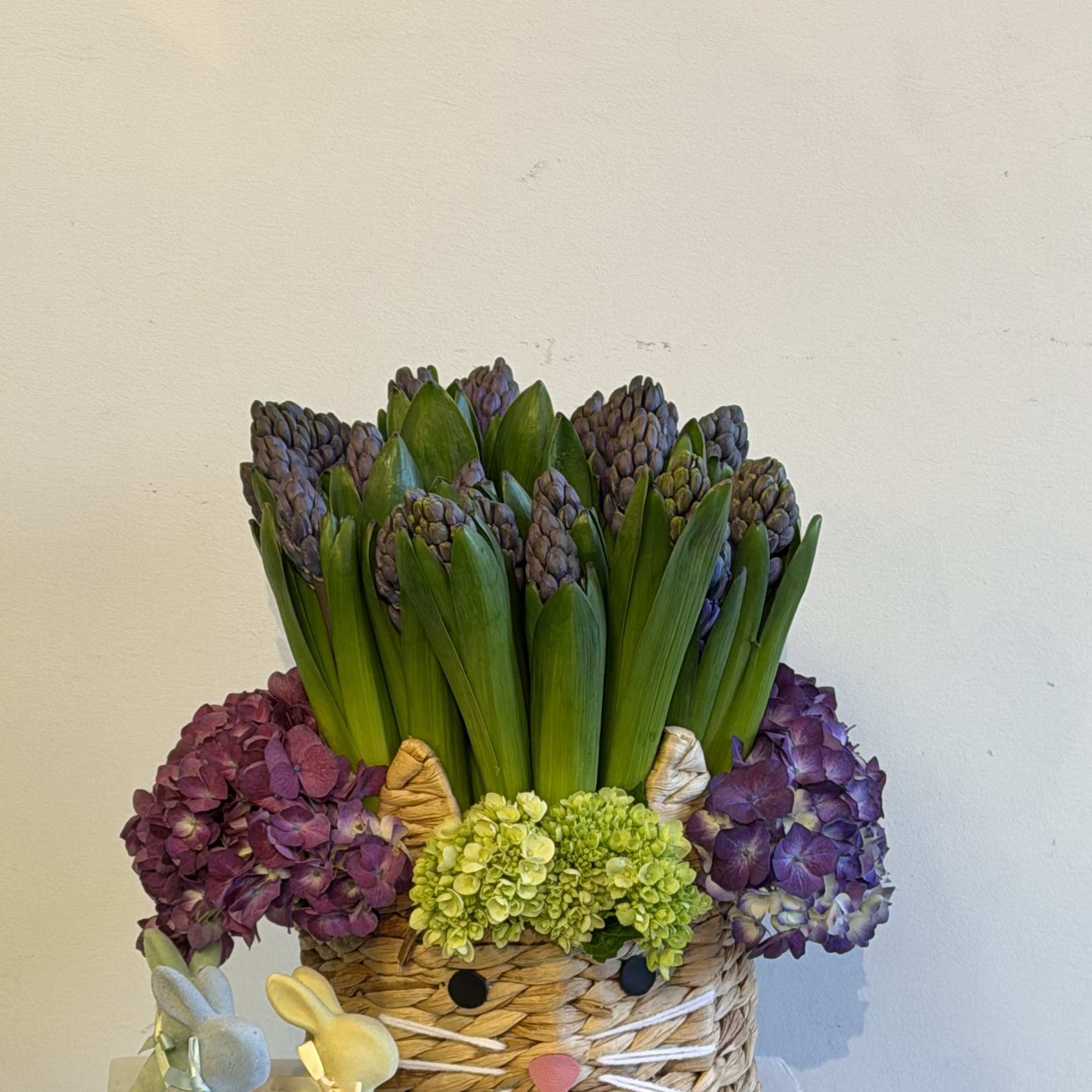 purple Hyacinth 
whit purple hydrangeas 
