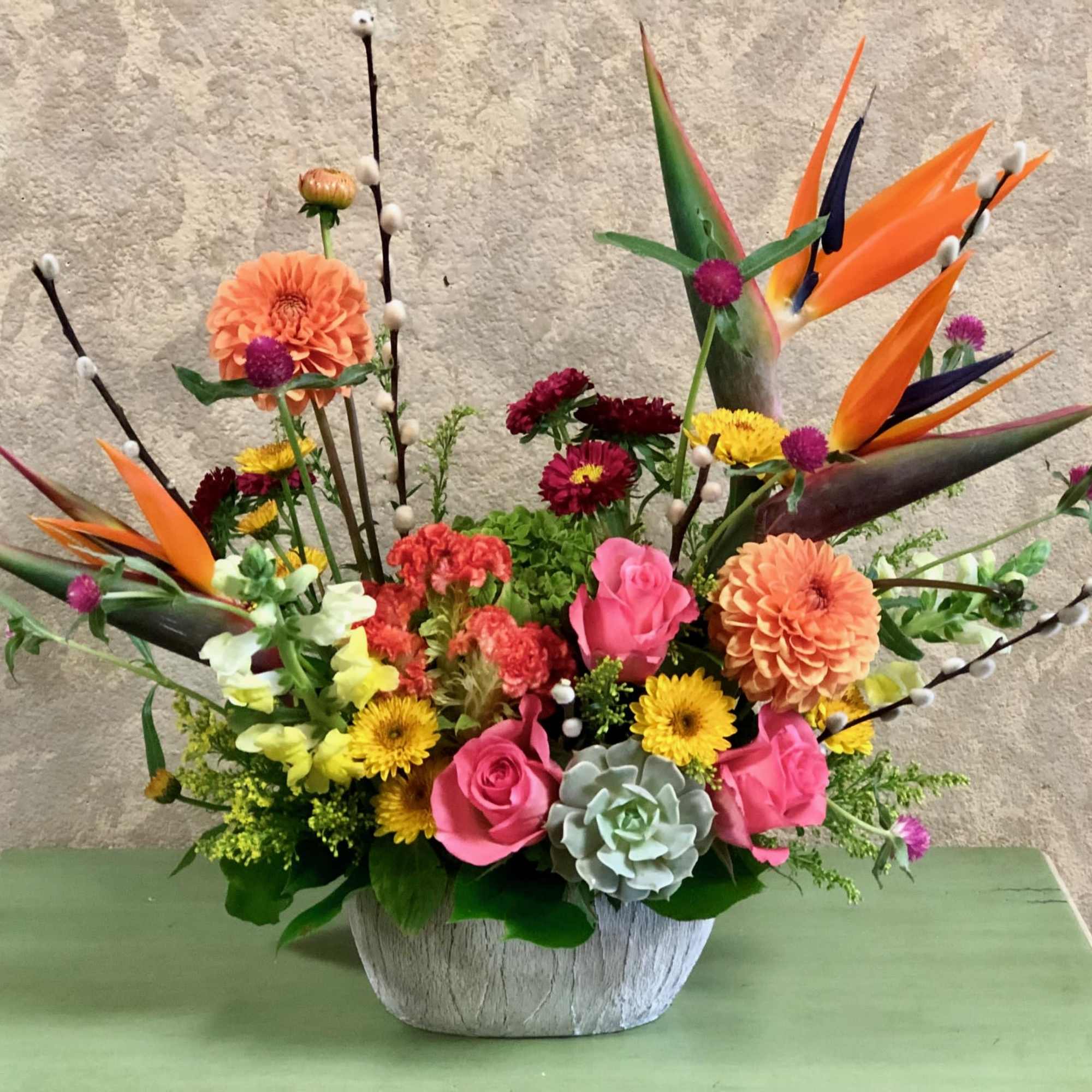 Recipe: Birds of Paradise, Seasonal Celosia, Seasonal Dahlias, Globe Amarathus, Snapdragons, Succulent