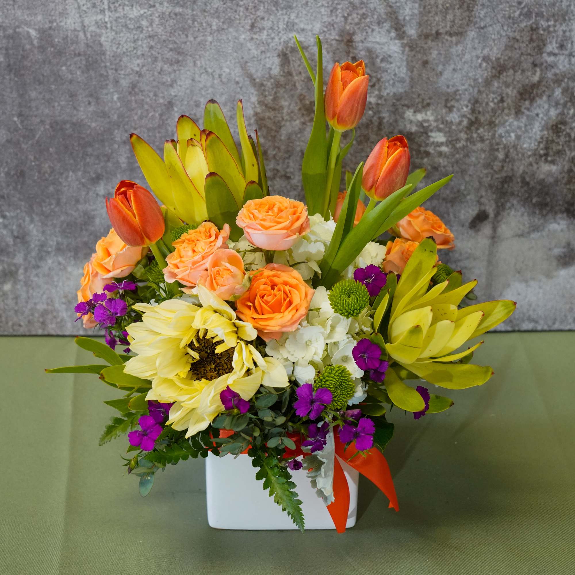 Recipe: Orange Tulips, Yellow Sunflower, Orange Spray Roses, Safari, White Hydrangeas, Green