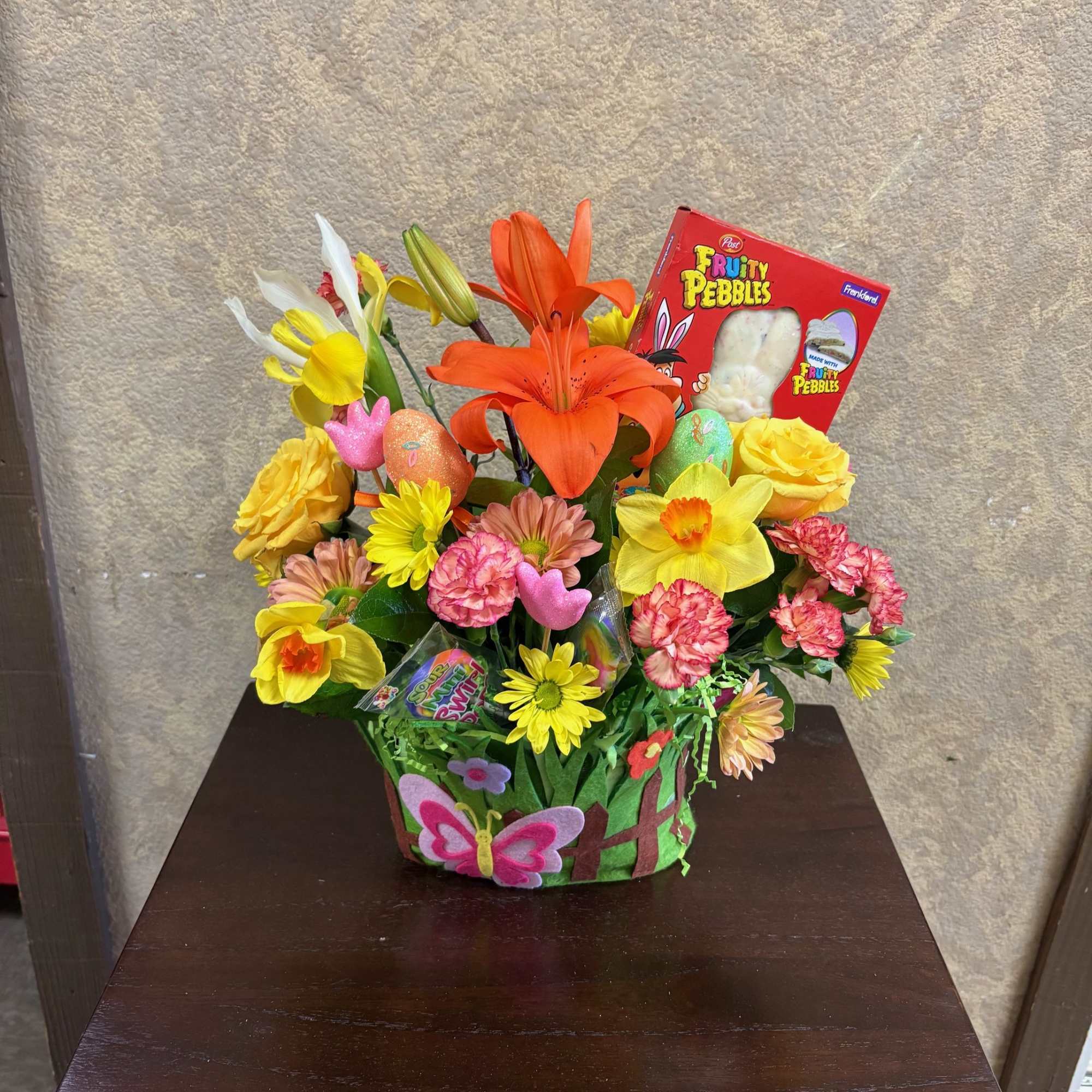 Recipe: Orange Lilies, Seasonal Daffodils, White Iris, Yellow Roses, Yellow and Orange