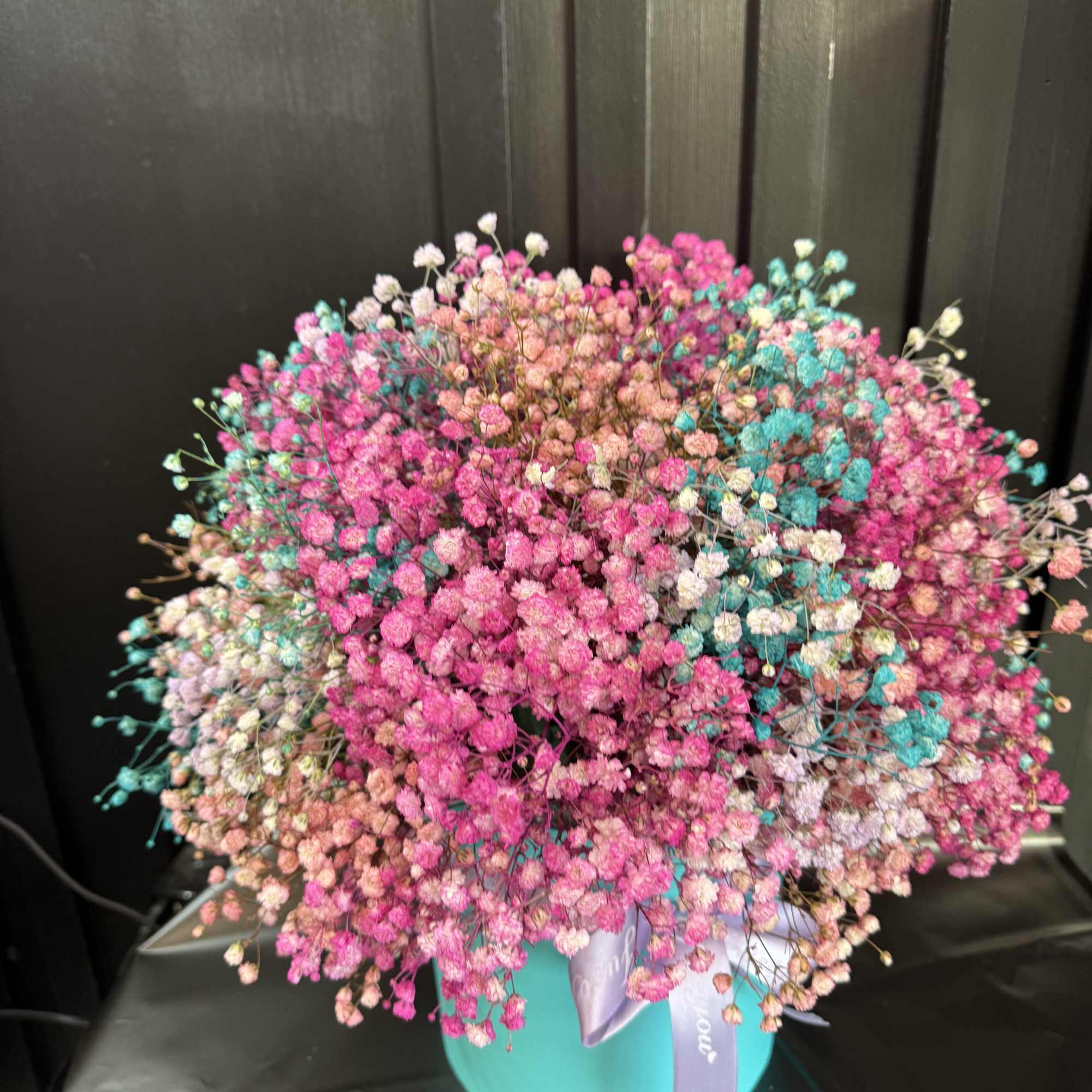 Colorful baby breath in the box it will last almost two weeks